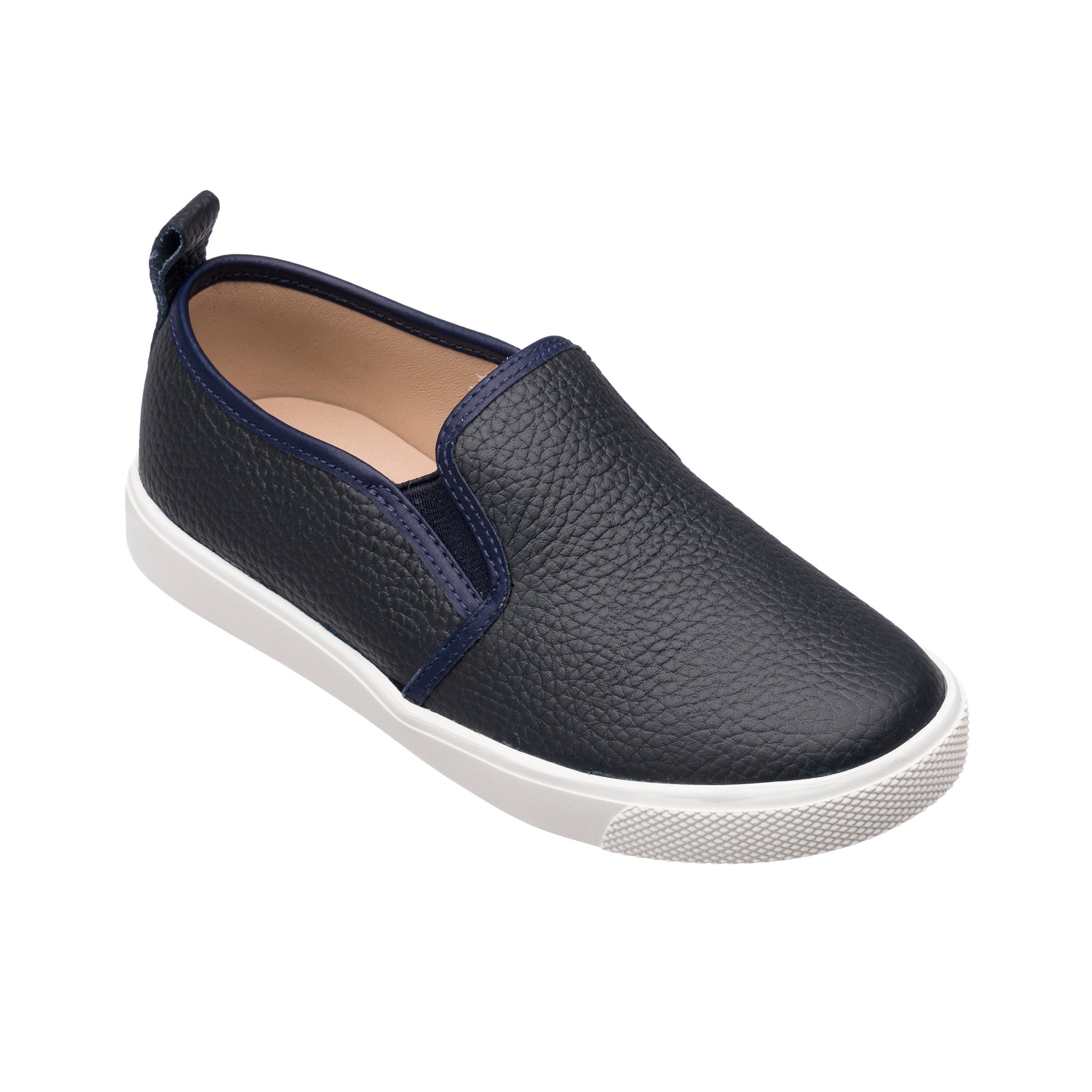 Navy blue textured slip-on shoe with white rubber sole and elastic side accents for kids.