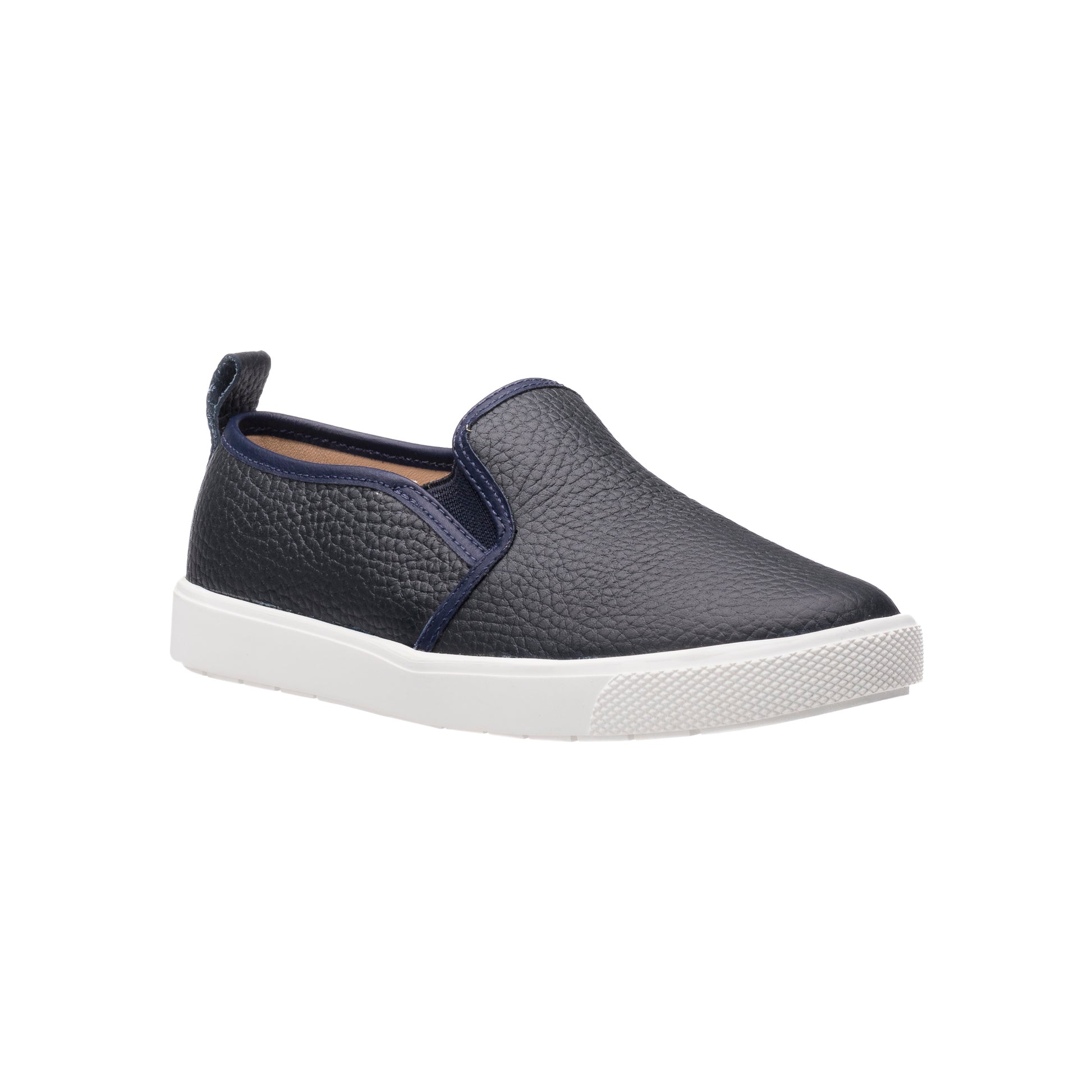 Navy blue textured slip-on shoe with white sole and elastic side panels for children.