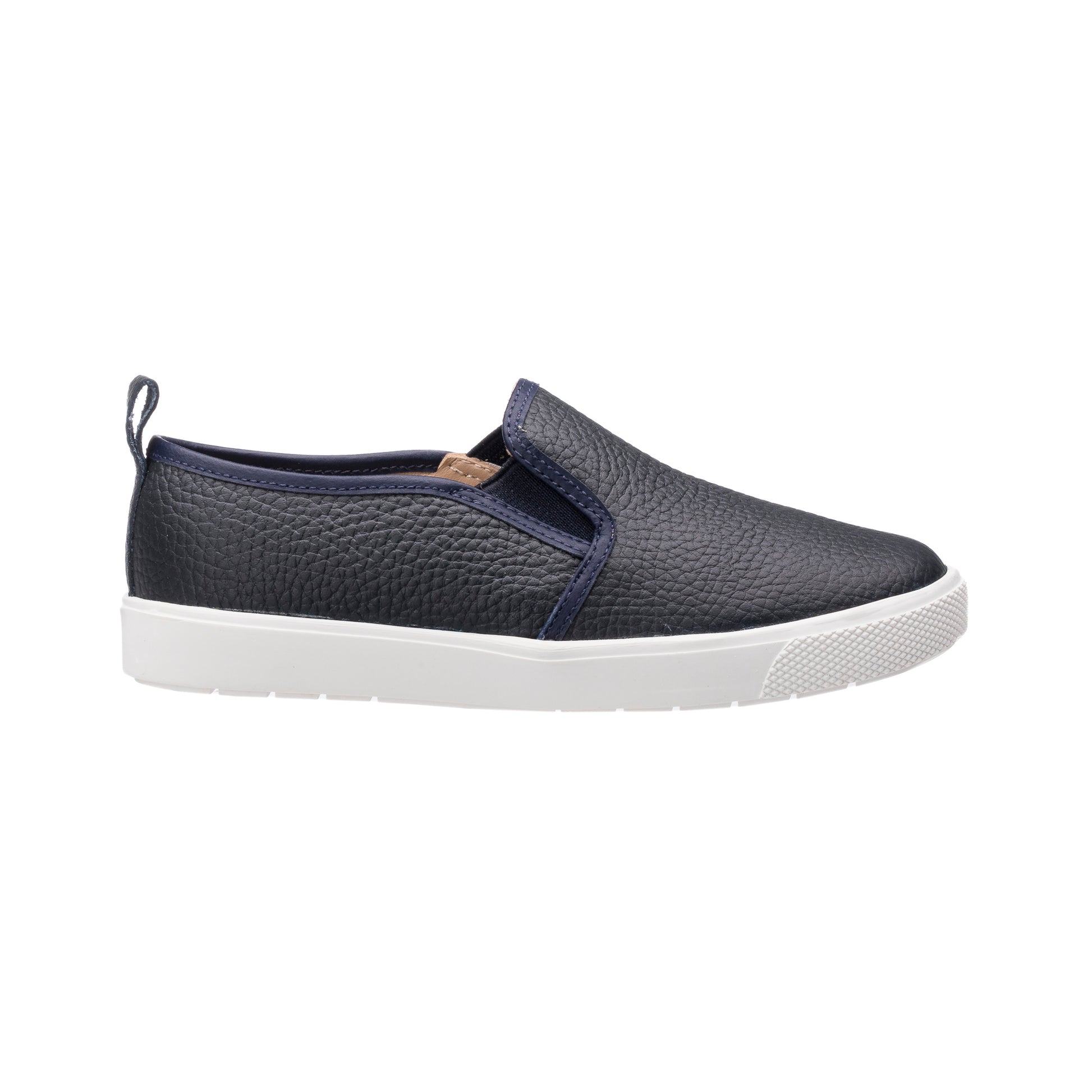 Navy blue textured slip-on shoe with white rubber sole and pull tab on heel.