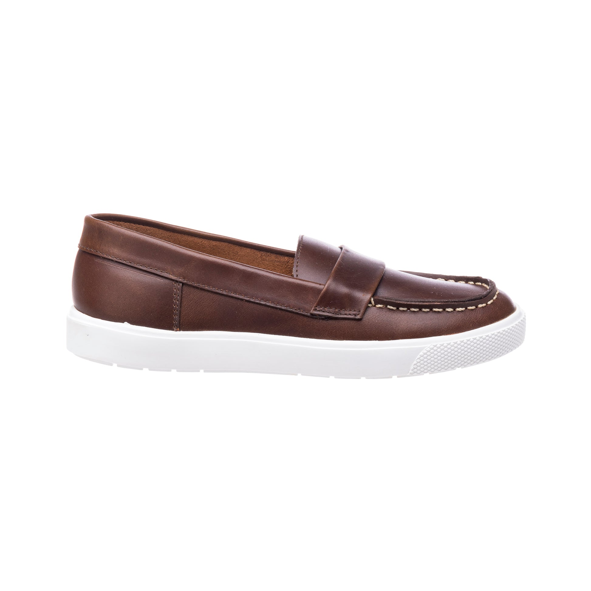 Brown leather boys' loafer with moccasin stitching and white rubber sole.