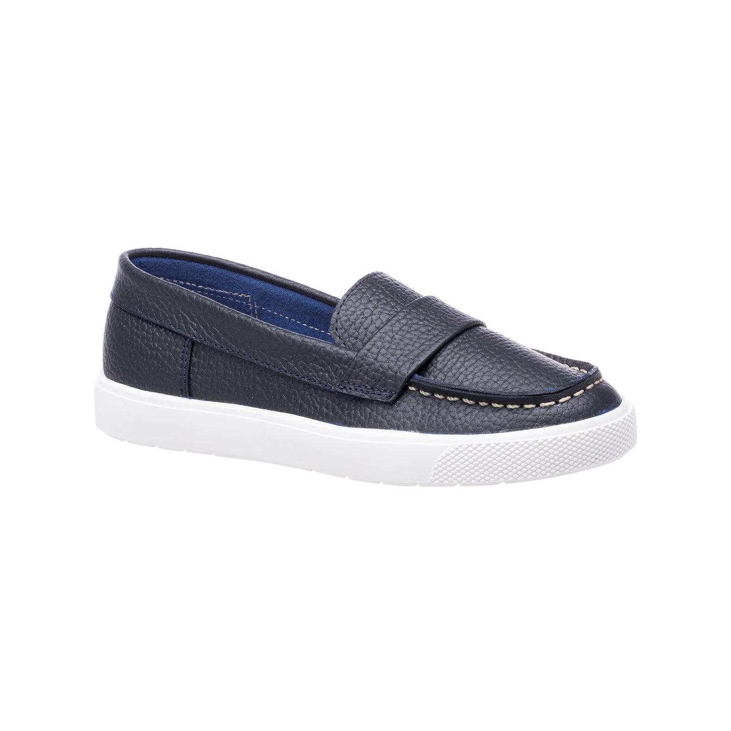 Navy blue leather boys loafer with white rubber sole and moccasin stitching.