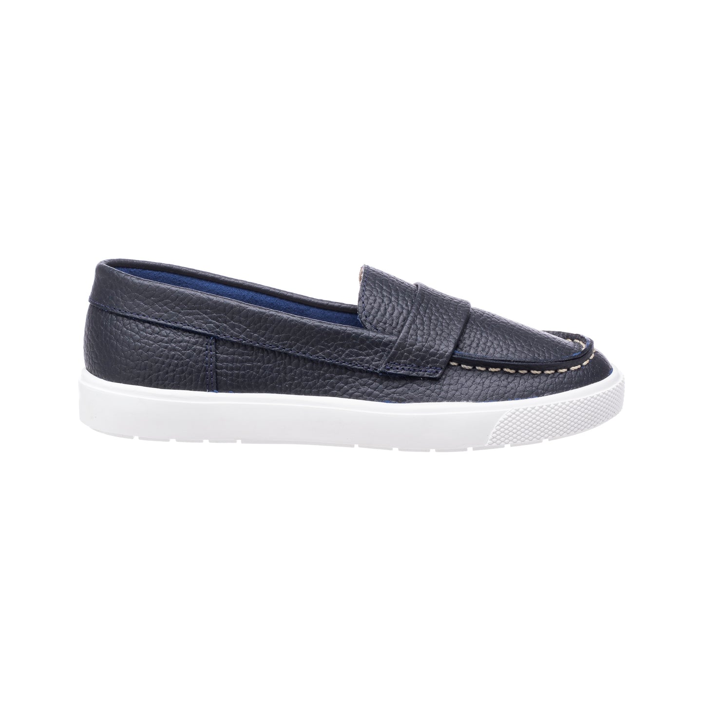 Navy blue textured boys loafer with white rubber sole and moccasin-style stitching.