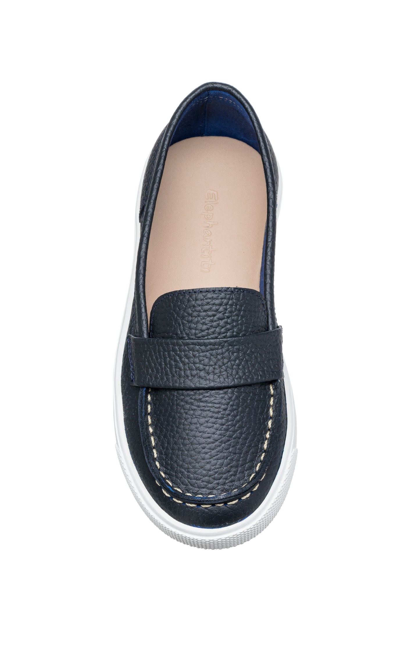 Navy blue boys' leather loafer with white stitching and rubber sole, slip-on style.