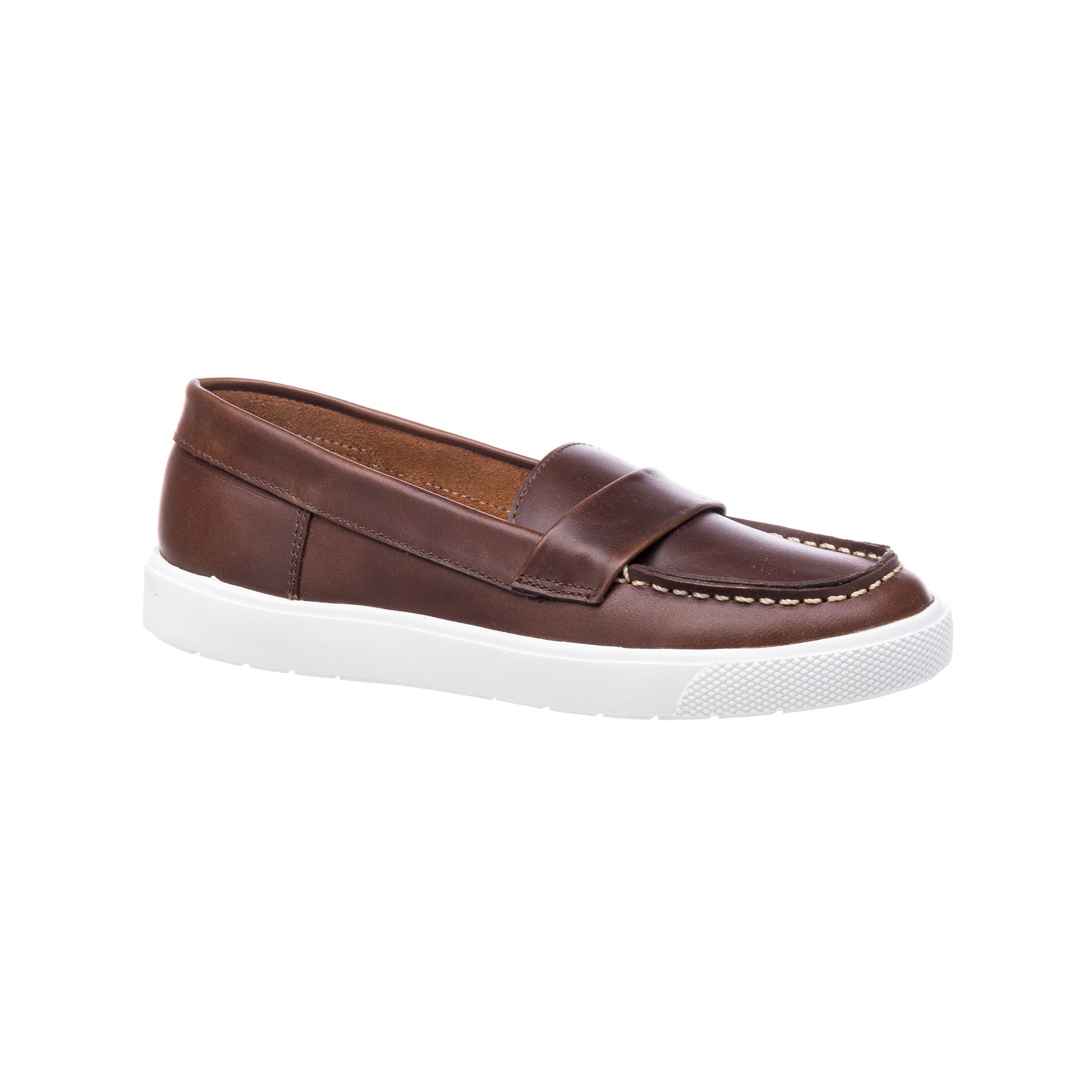 Children’s brown leather loafer with white rubber sole and moccasin-style stitching.