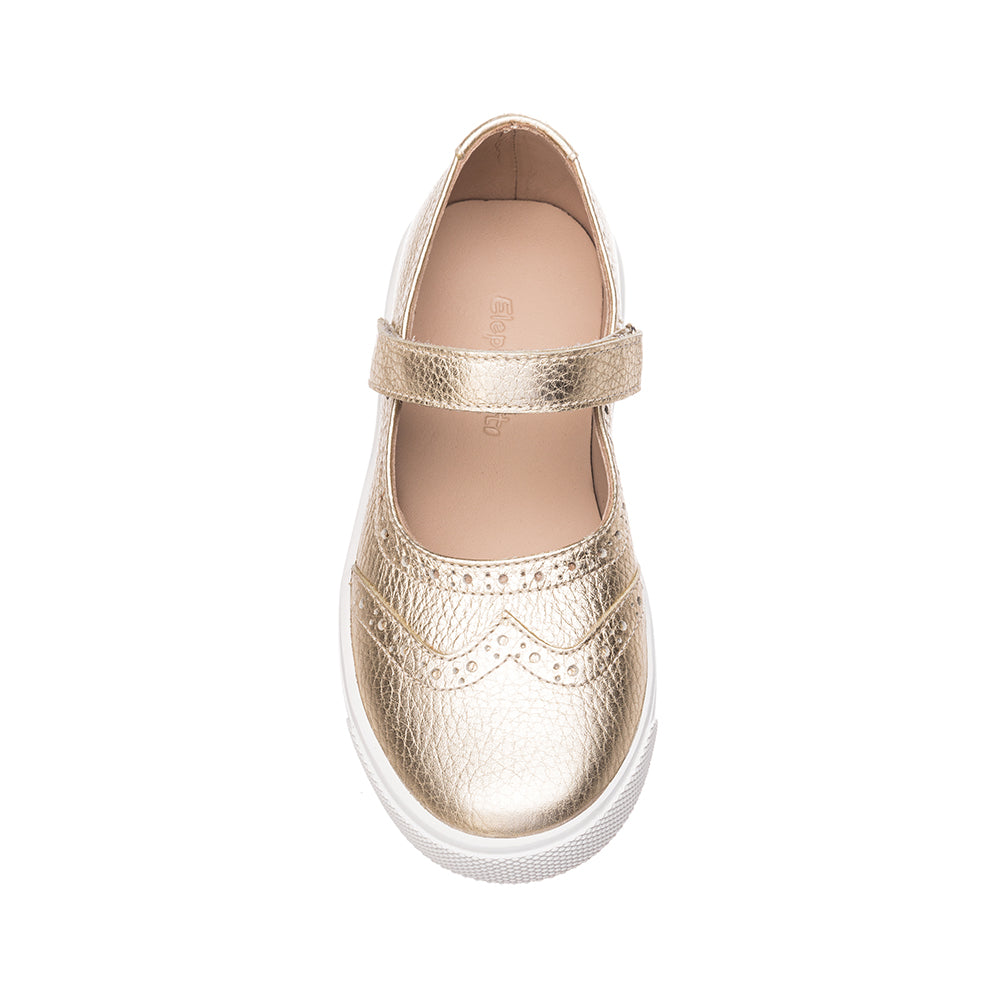 Gold metallic Mary Jane sneaker for kids with scalloped detailing and hook-and-loop strap.