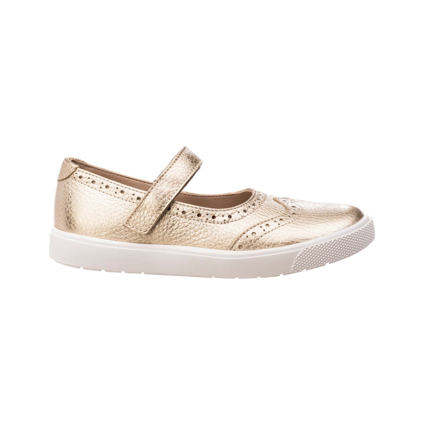 Gold metallic Mary Jane sneaker with perforated detailing and white rubber sole for children.