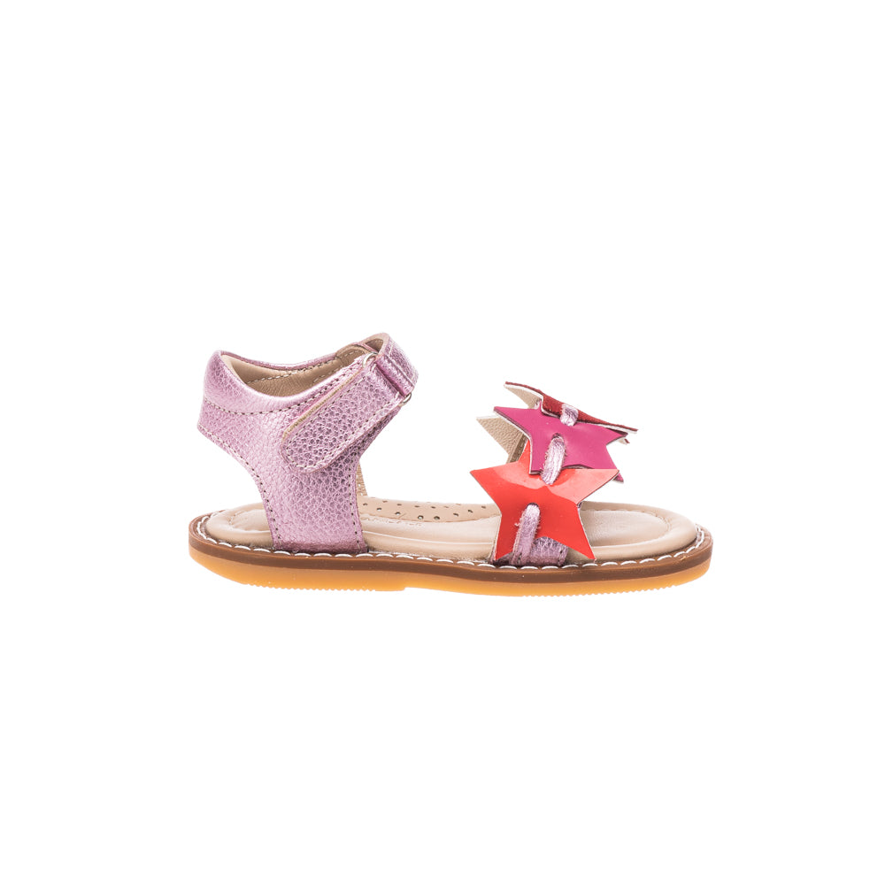 Fuchsia toddler sandal with adjustable ankle strap and pink star embellishments on front strap.