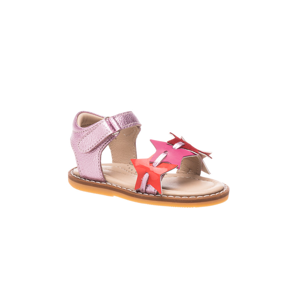 Toddler sandal in fuchsia with star-shaped cutouts and adjustable ankle strap.