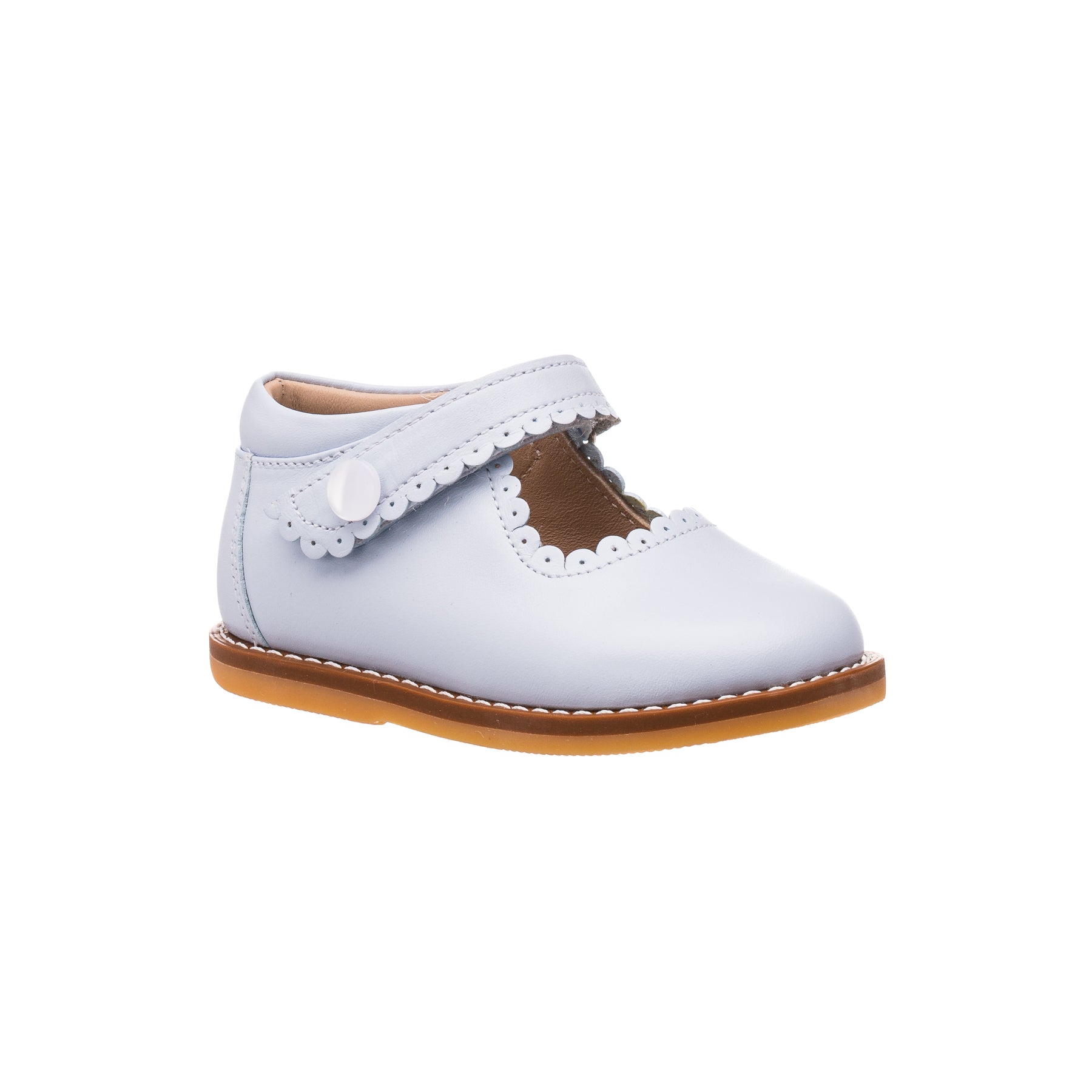 Light blue toddler Mary Jane shoe with scalloped edge strap and tan sole.