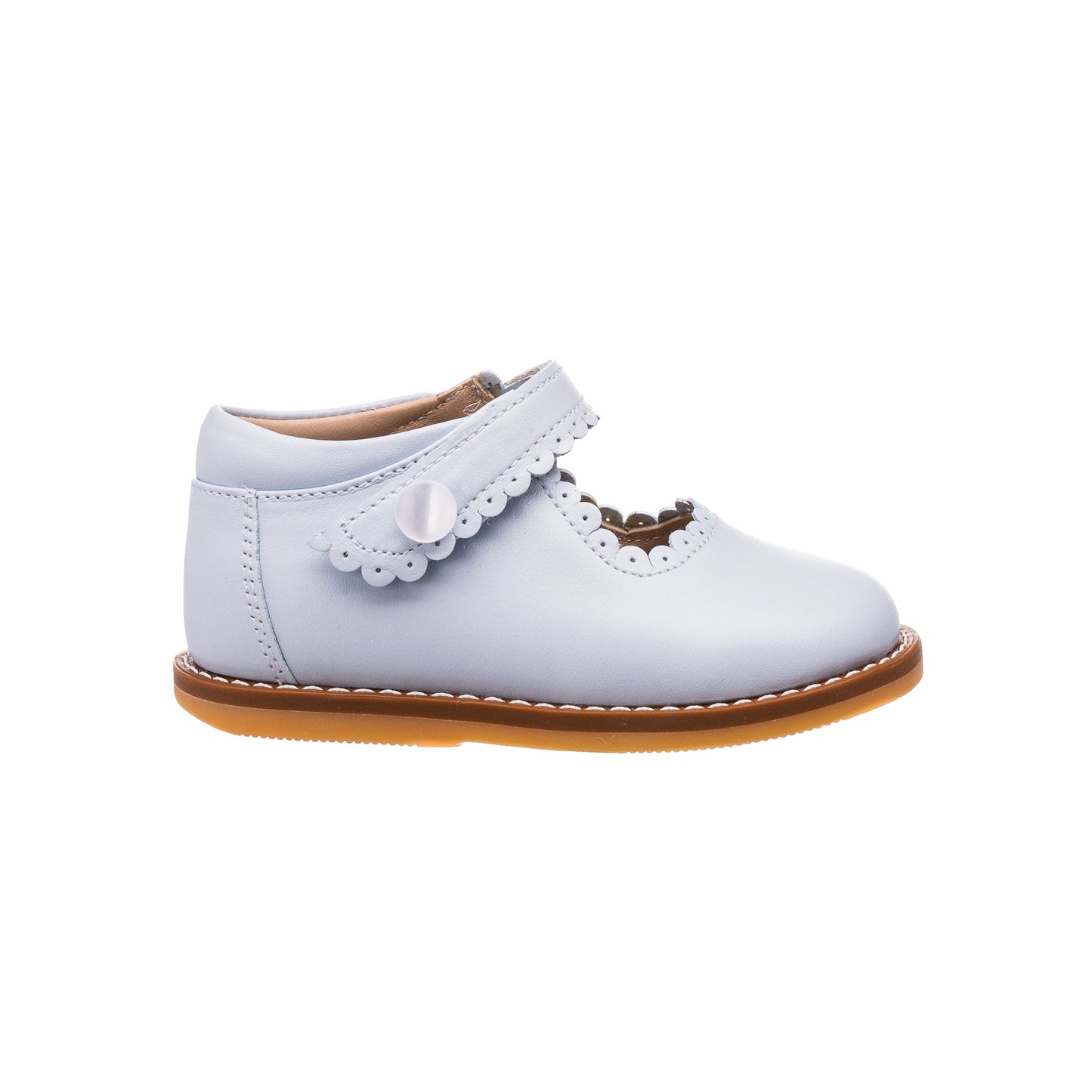Light blue toddler Mary Jane shoe with scalloped strap and brown sole.