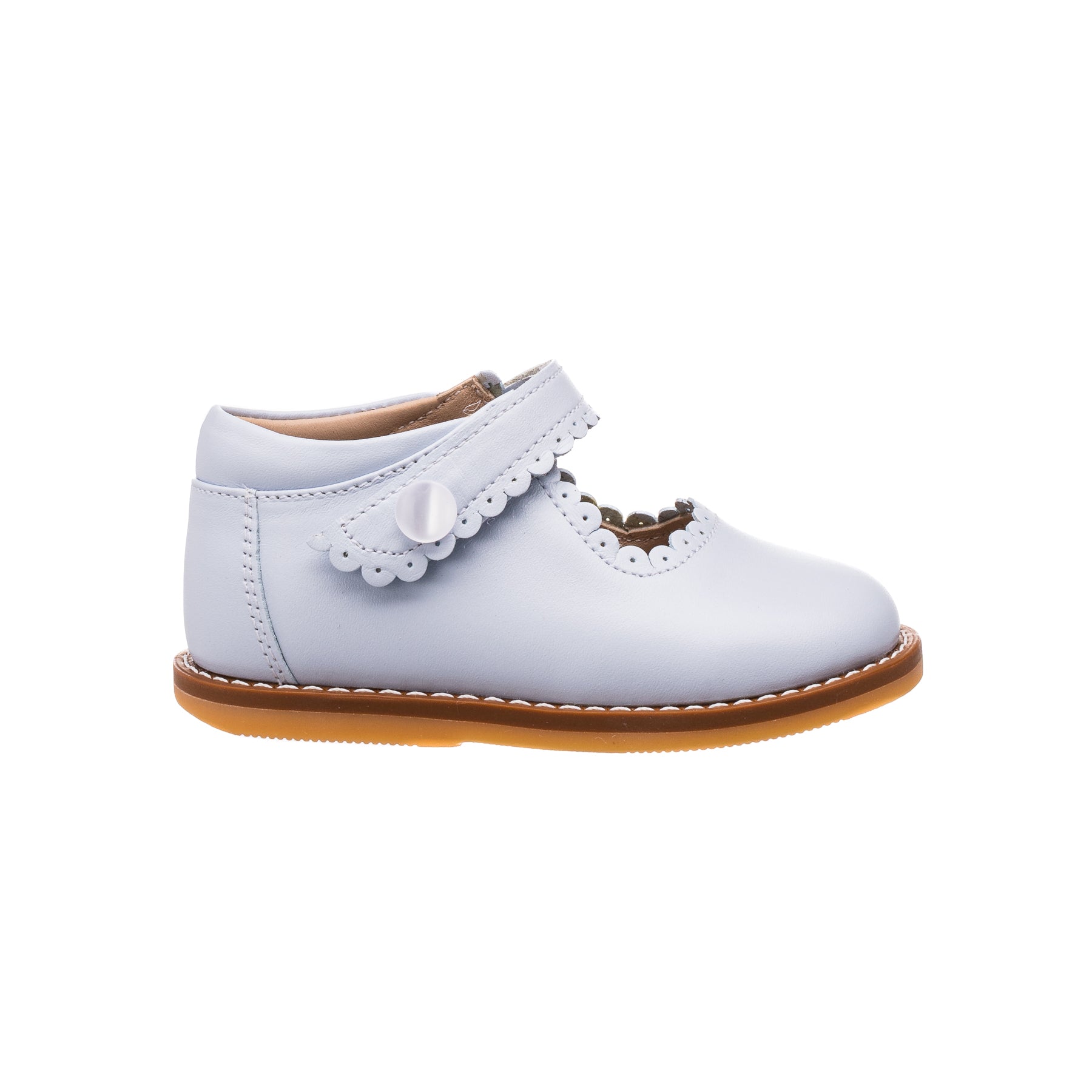 Light blue toddler Mary Jane shoe with scalloped strap and brown sole.