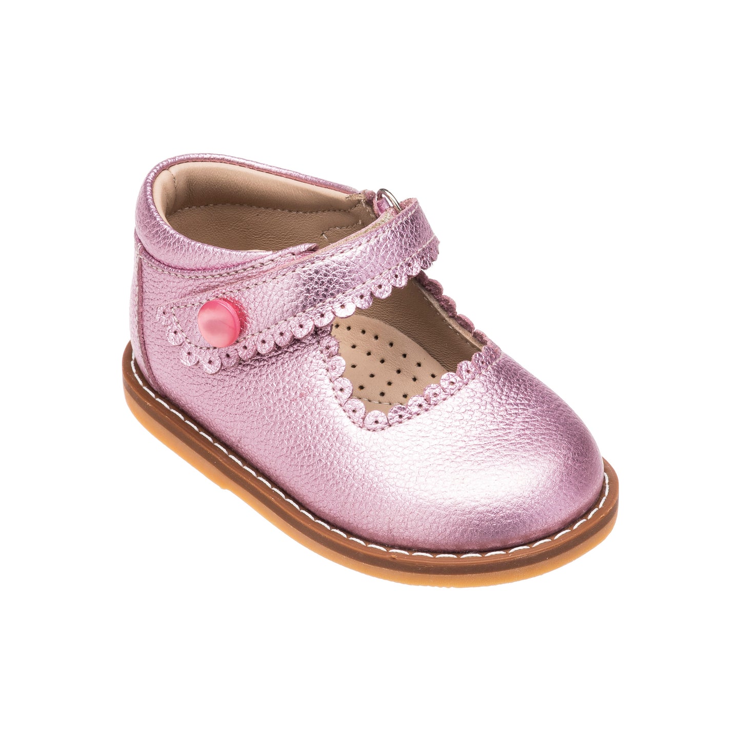 Toddler pink metallic leather Mary Jane shoe with scalloped edges and side button strap.