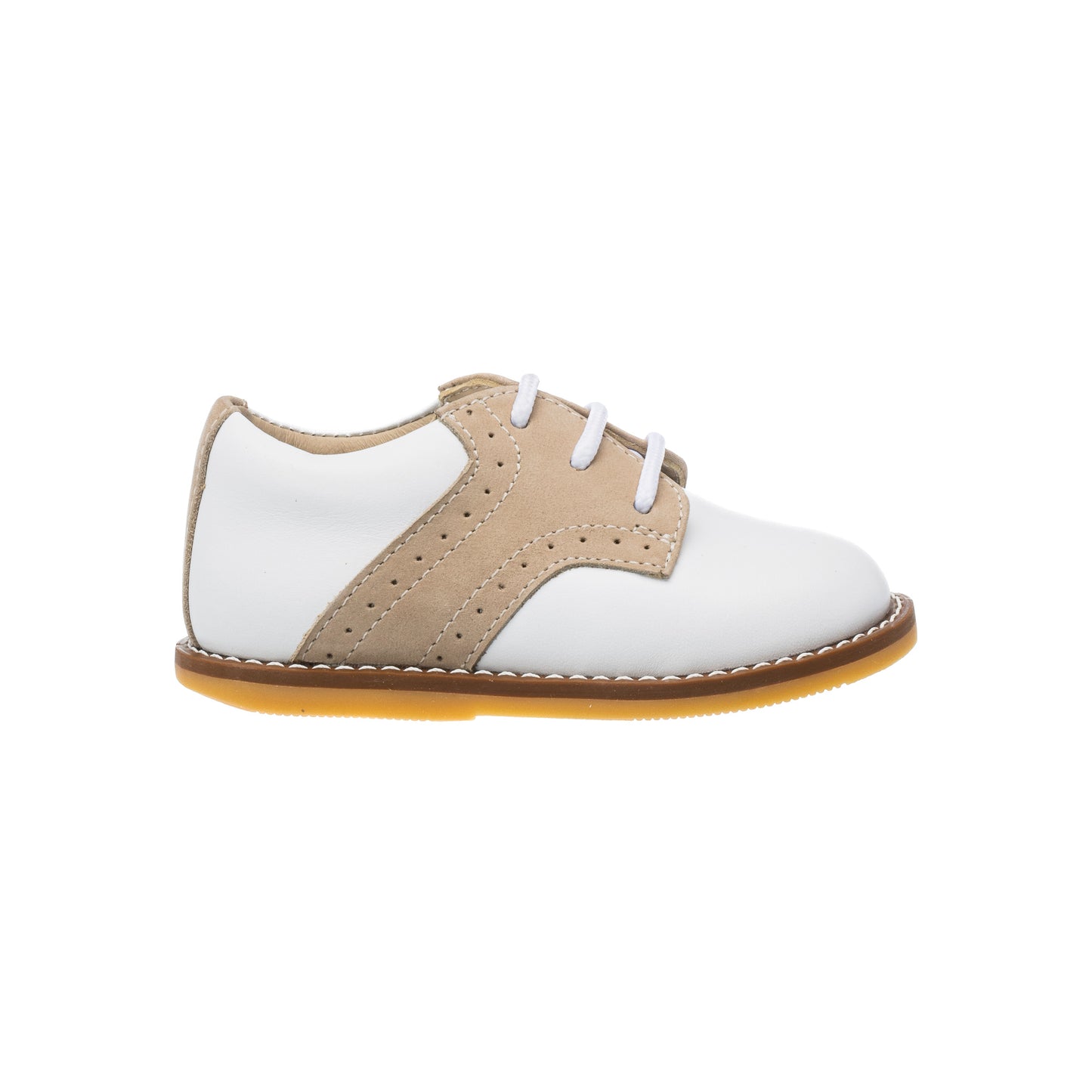 White toddler golf shoe with ivory perforated leather panels and tan sole.