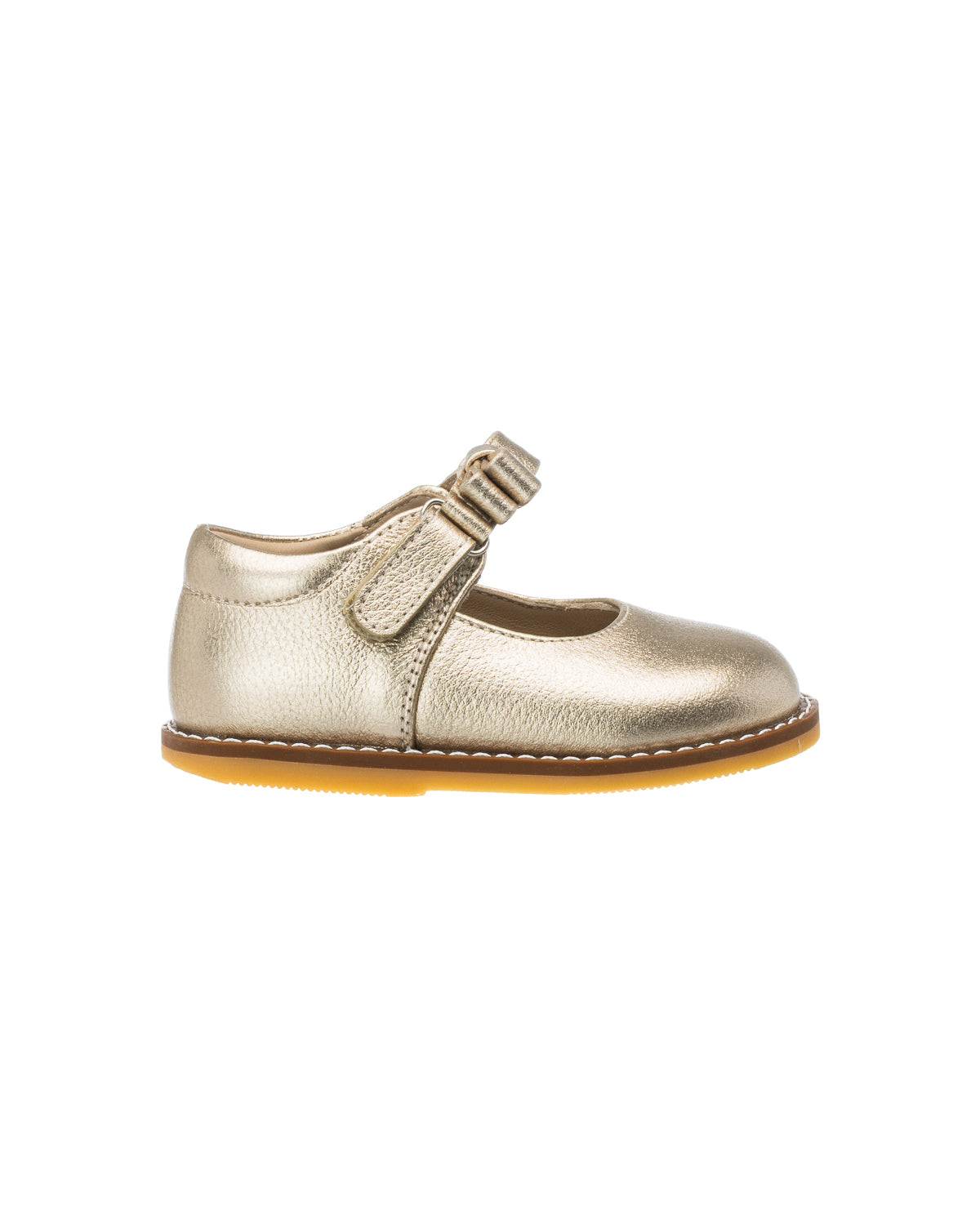 Gold toddler Mary Jane shoe with bow detail and velcro strap, smooth leather upper.