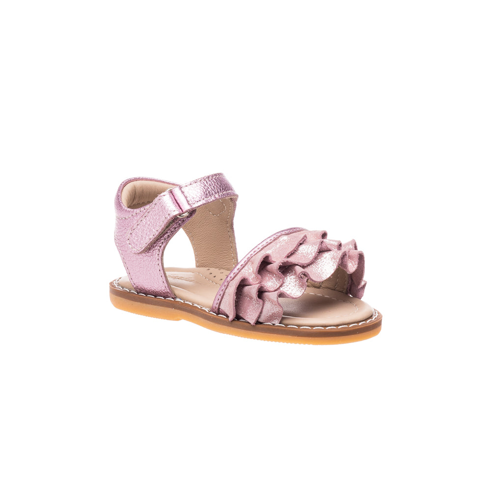 Toddler sandal in shiny carnation pink with ruffled strap and adjustable ankle buckle.