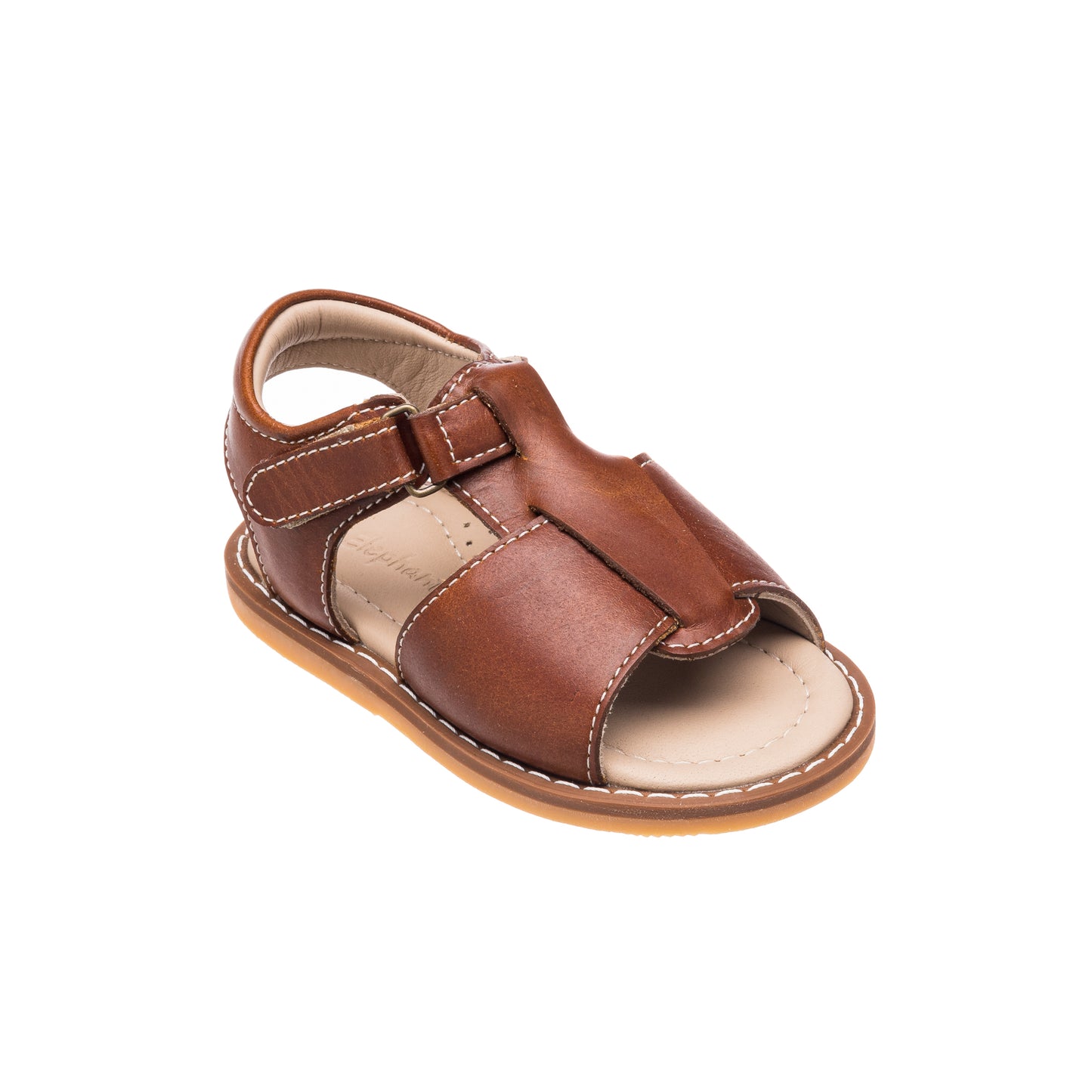 Brown leather toddler sandal with open toe and adjustable side strap.
