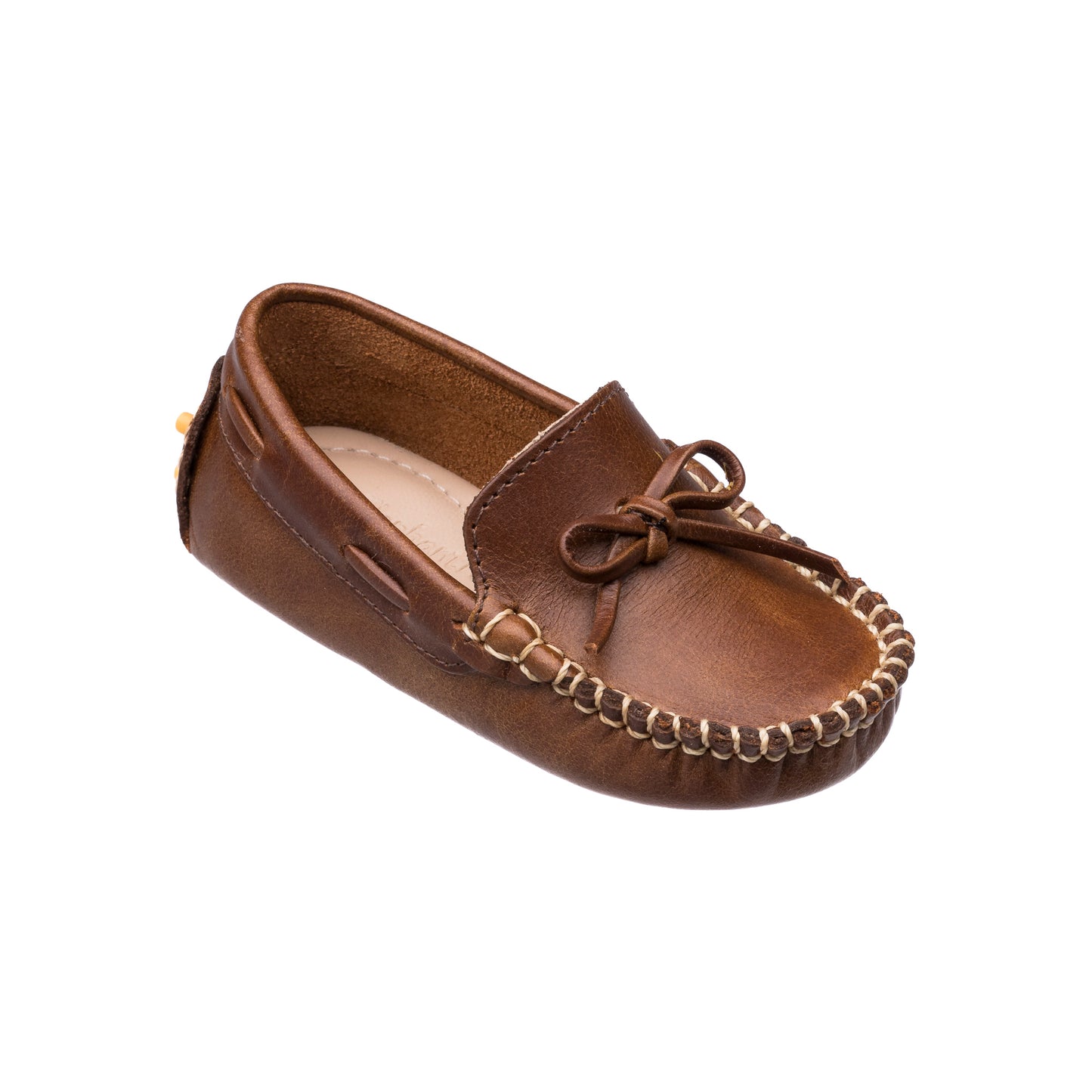 Brown toddler driver loafer with moccasin-style stitching and a bow detail on top.