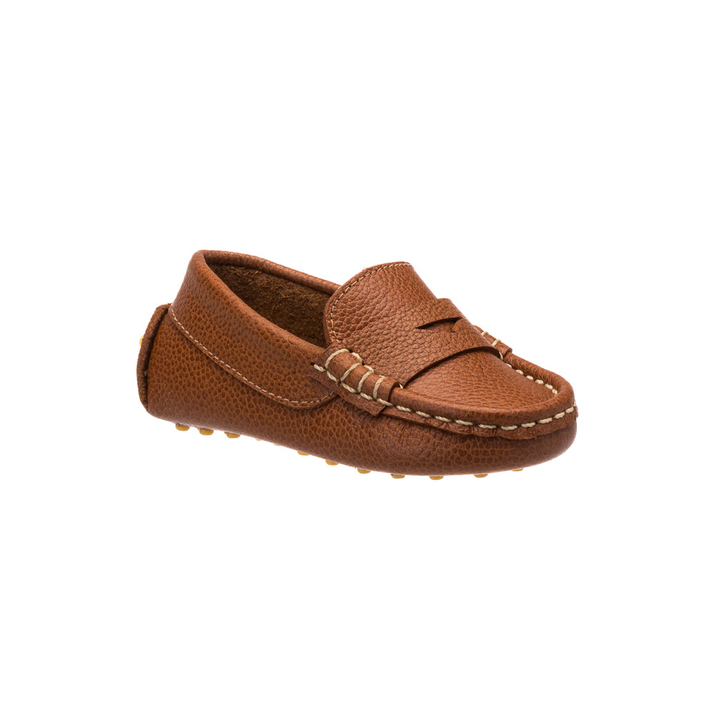 Tan toddler loafer with pebbled leather texture and moccasin stitching.