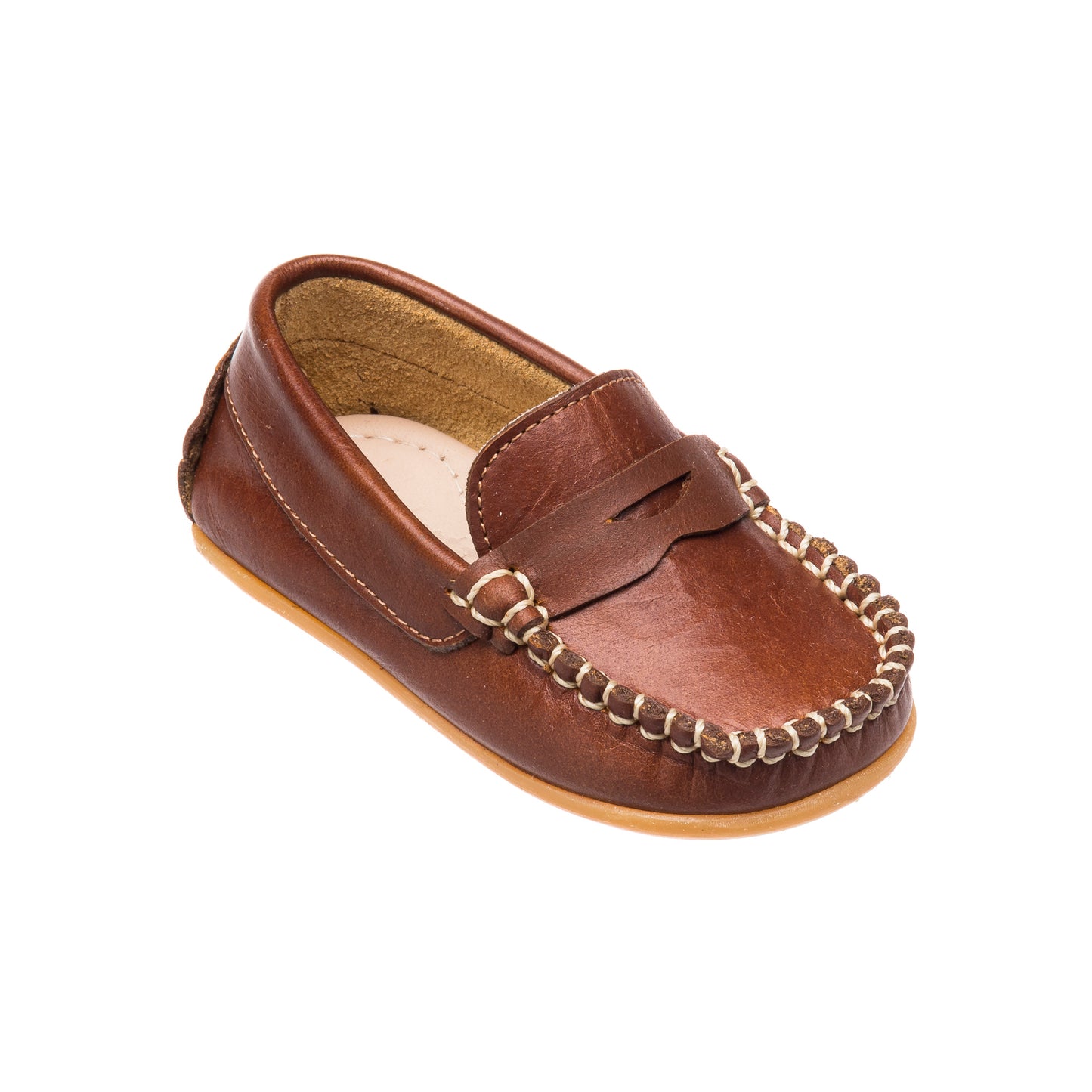 Toddler brown leather moccasin with stitched detailing and slip-on design.