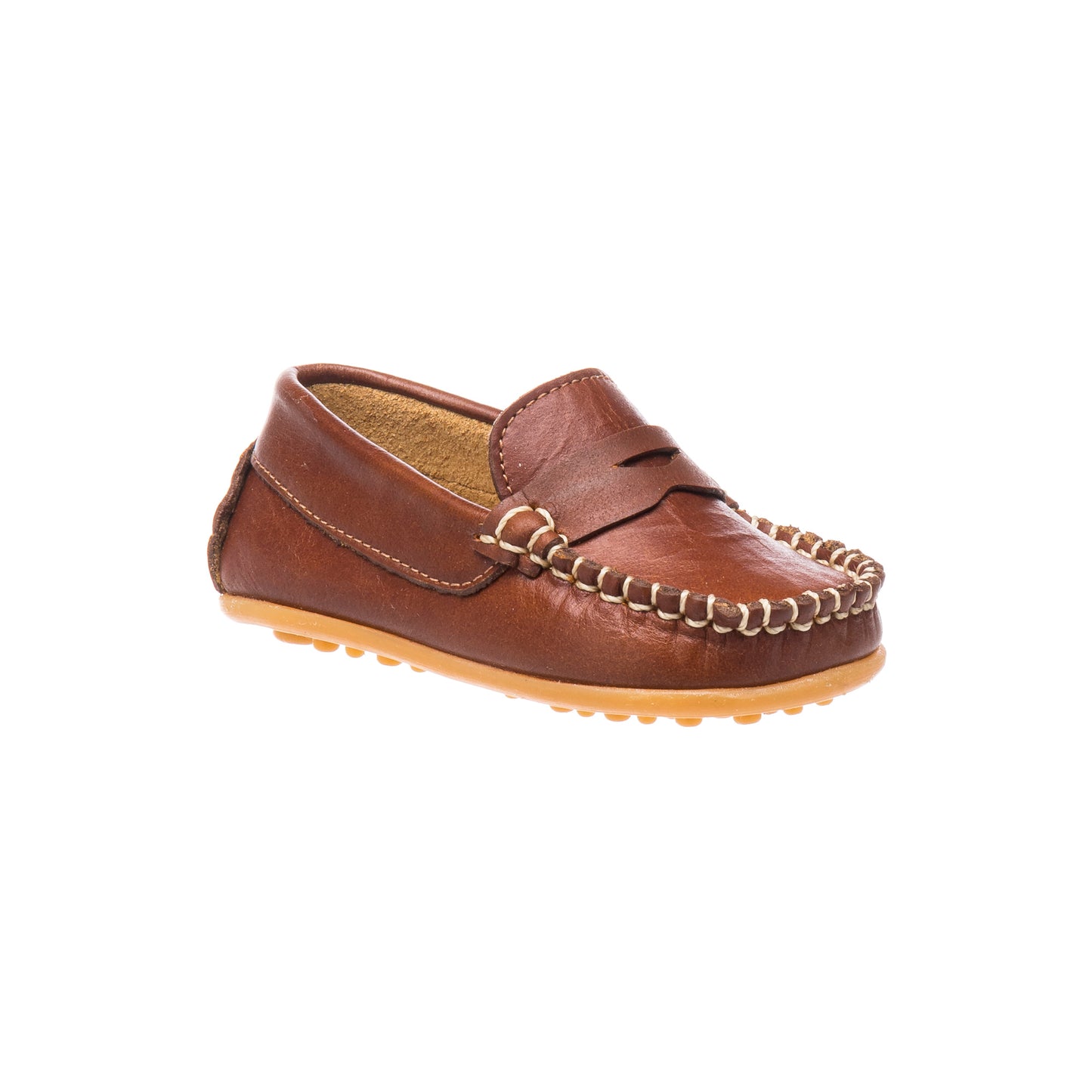Natural brown toddler loafer with stitched moccasin toe and rubber sole.