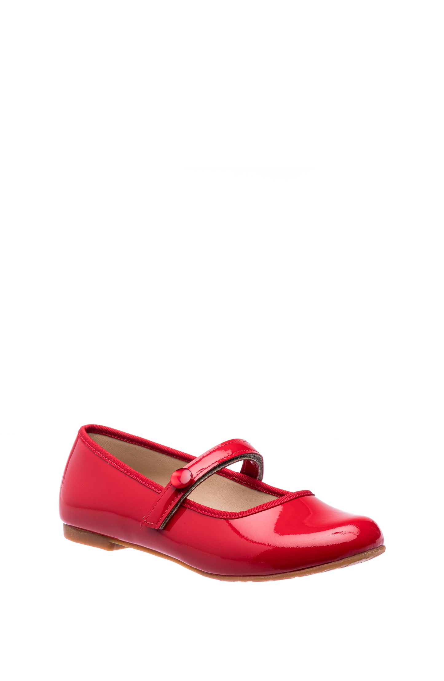 Red patent leather girl’s flat with a Mary Jane strap and low heel.