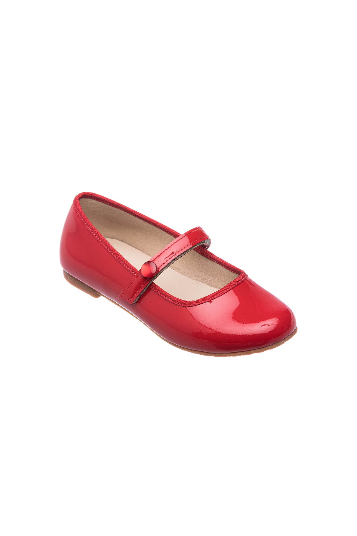 Red patent leather Mary Jane flat with rounded toe and single strap buckle for girls.