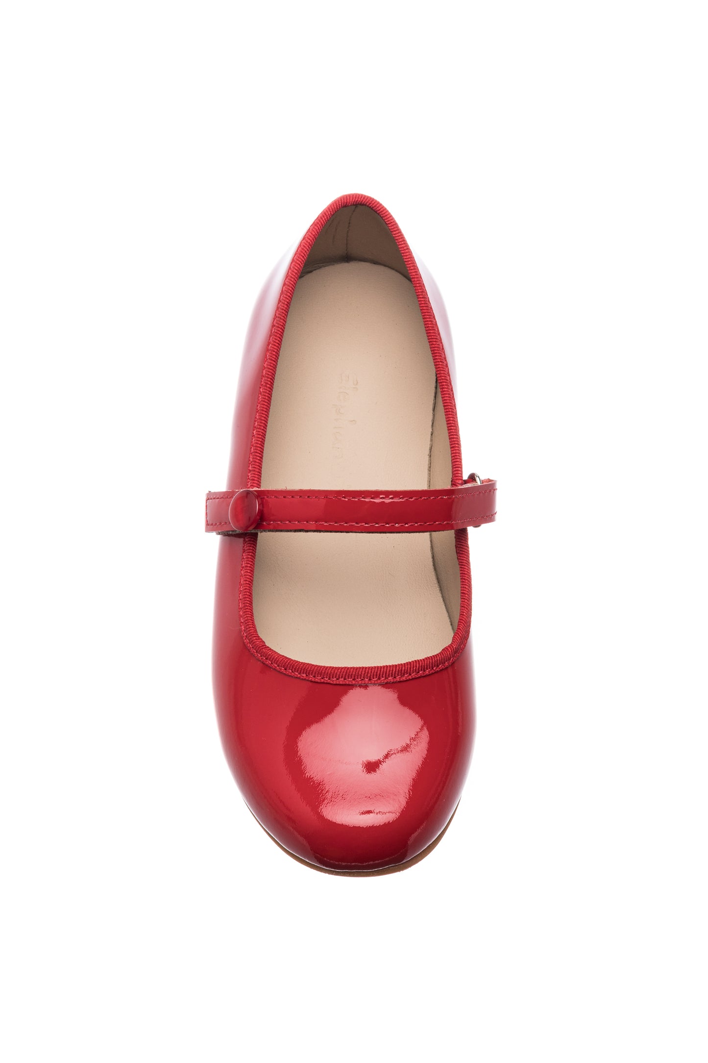 Red patent leather Mary Jane flat with a single strap and rounded toe for toddlers and kids.