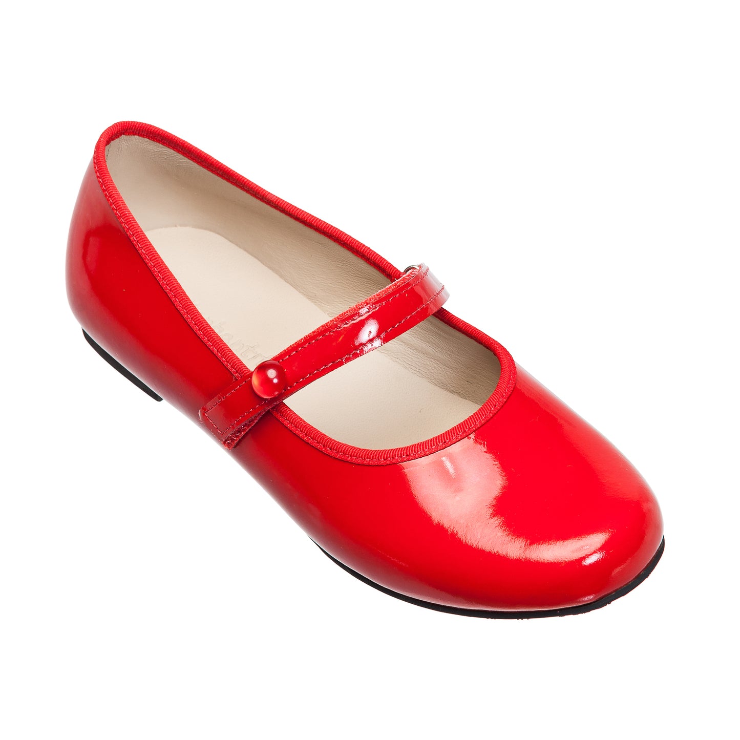 Red patent leather toddler Mary Jane flat with a single button strap and rounded toe.