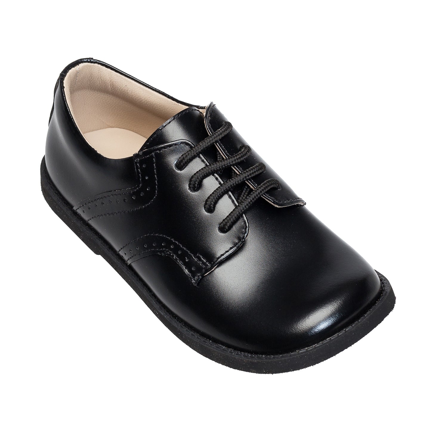 Black leather boys’ school shoe with lace-up closure and decorative stitching.