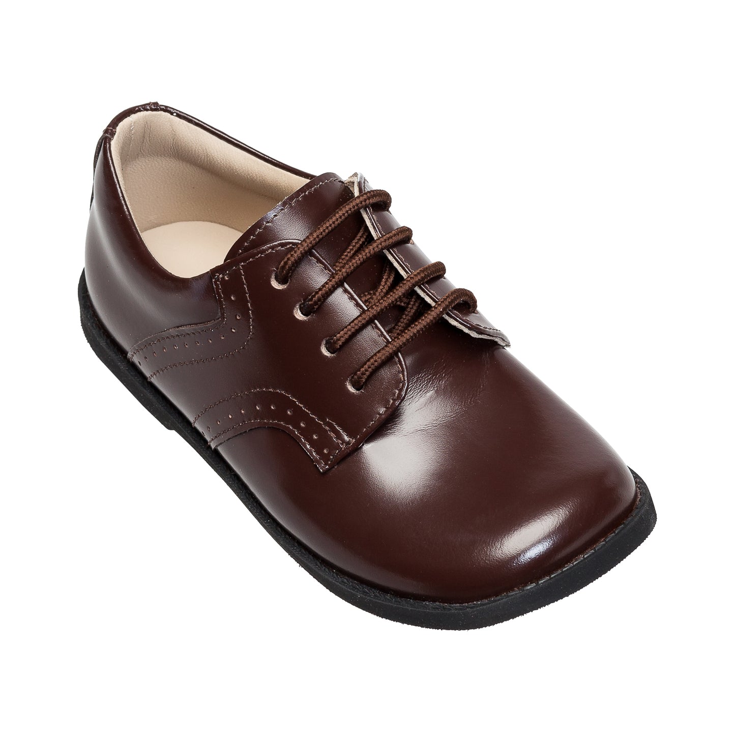 Brown leather boys' slip-on school shoe with brogue detailing and black sole.
