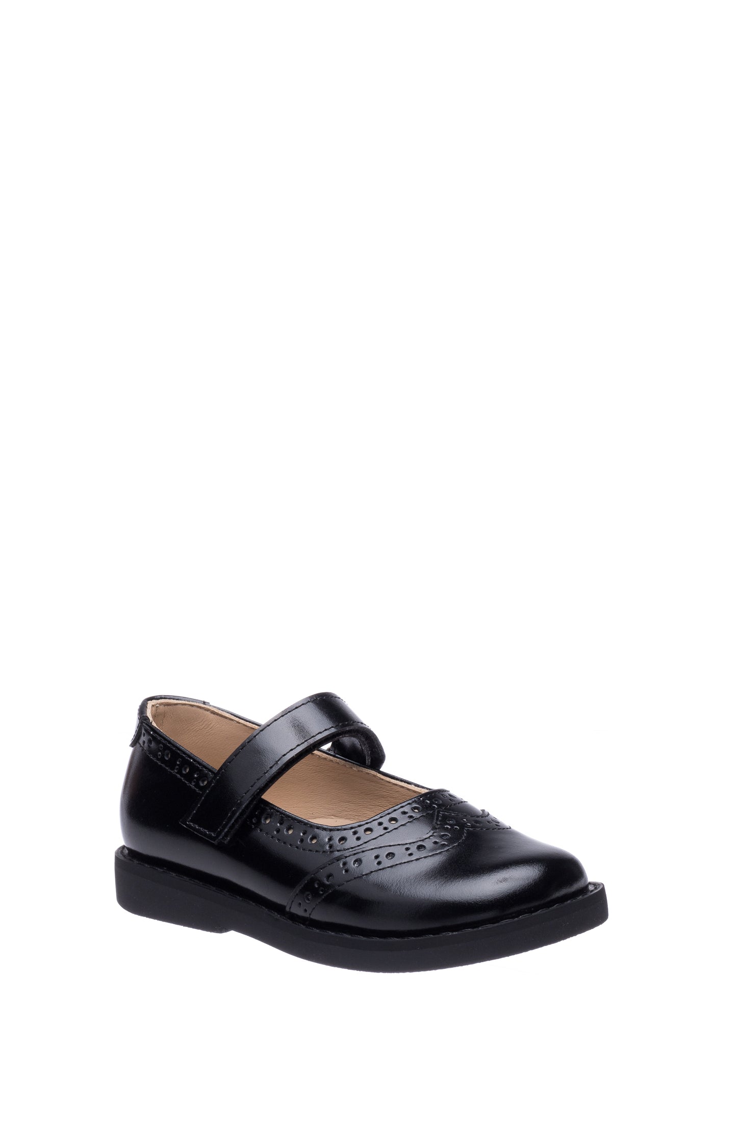 Black leather Mary Jane shoe with perforated detailing and adjustable strap for girls.