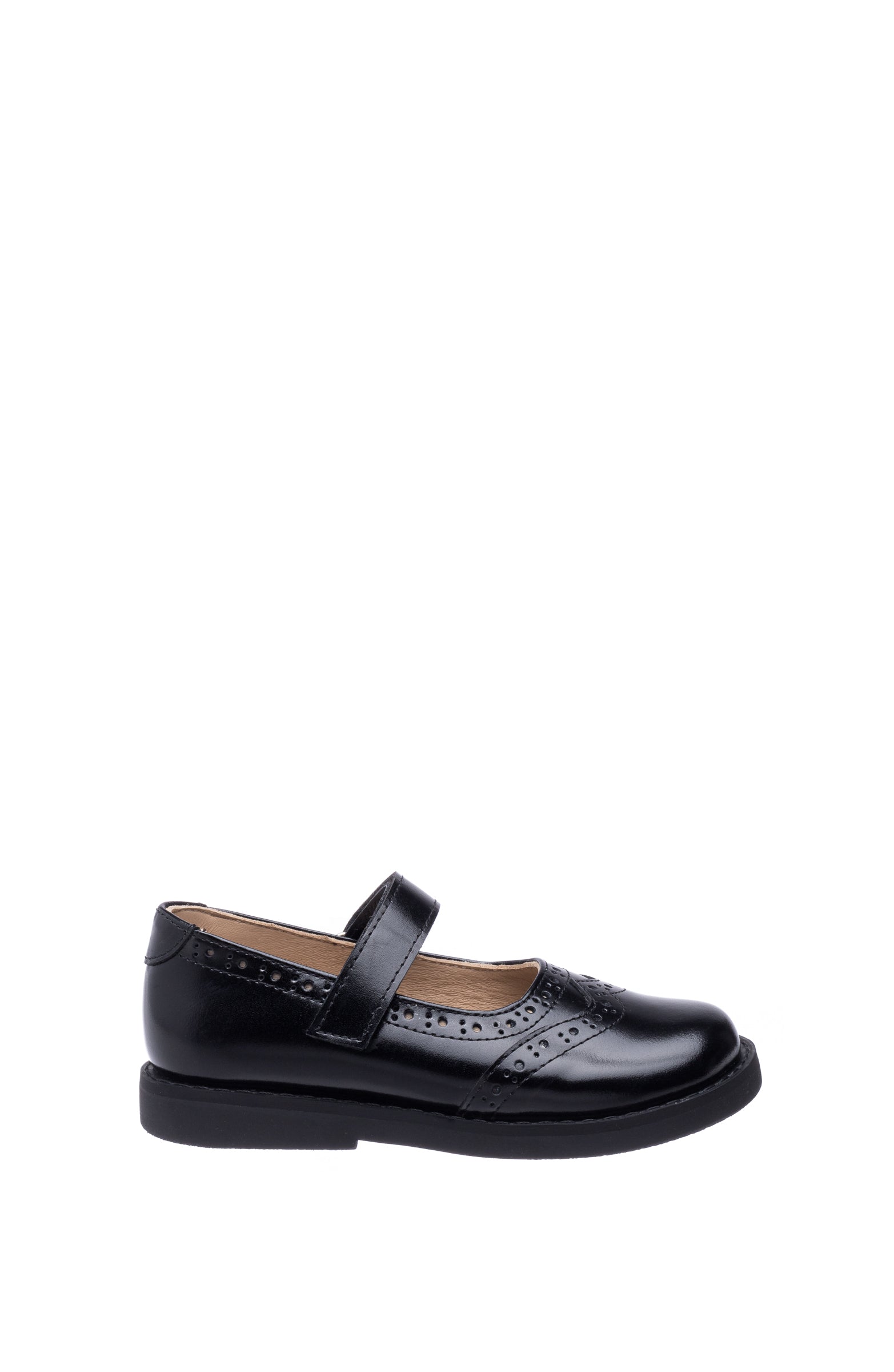 Black leather Mary Jane shoe for girls with a strap and decorative brogue detailing.