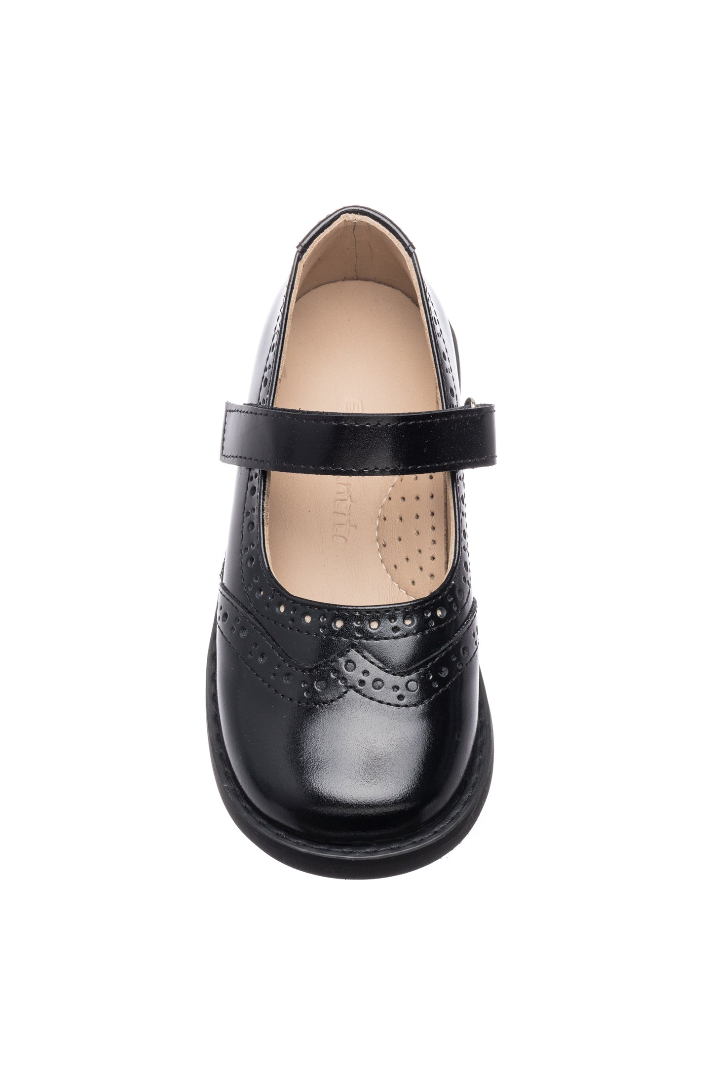 Black patent leather Mary Jane shoe with brogue detailing and a Velcro strap for girls.