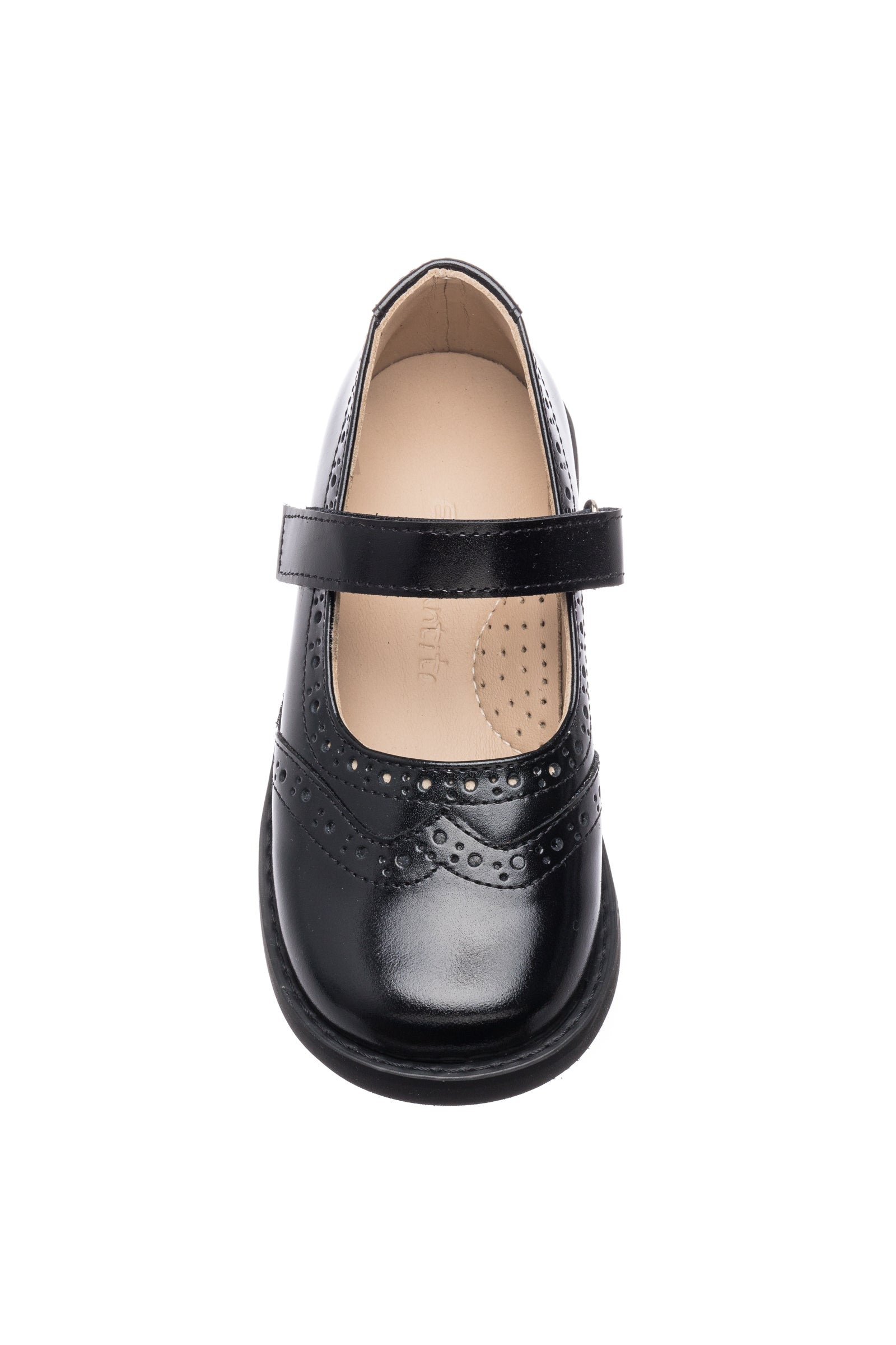 Black patent leather Mary Jane shoe with brogue detailing and a Velcro strap for girls.