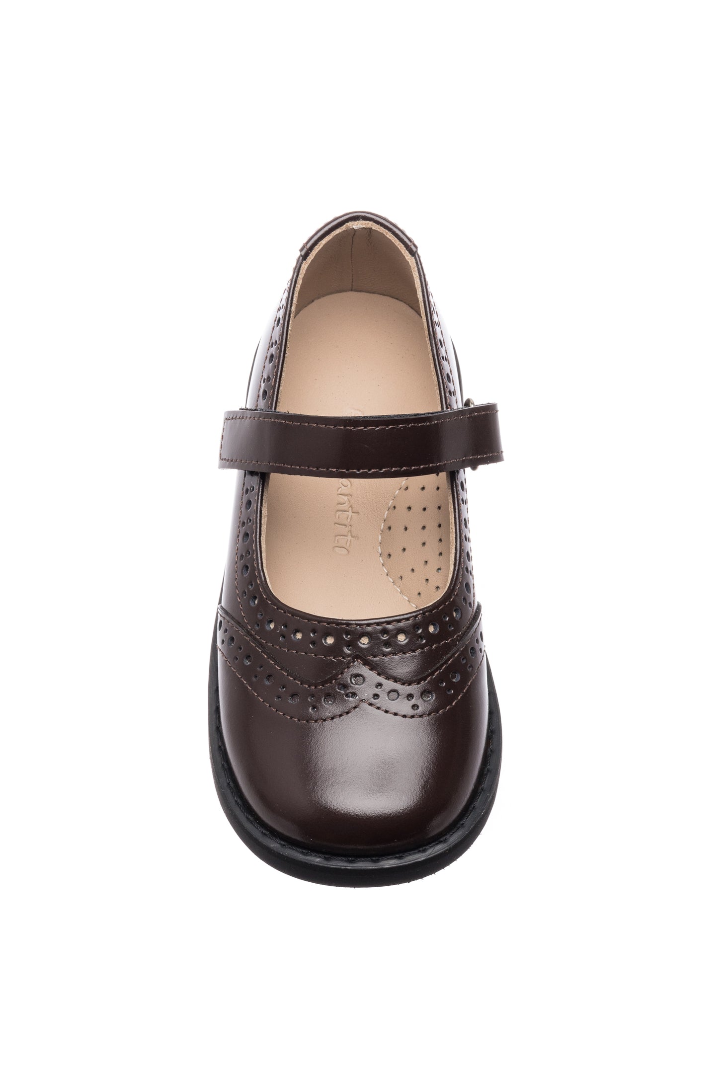 Brown leather Mary Jane shoe with brogue detailing and adjustable strap for girls.