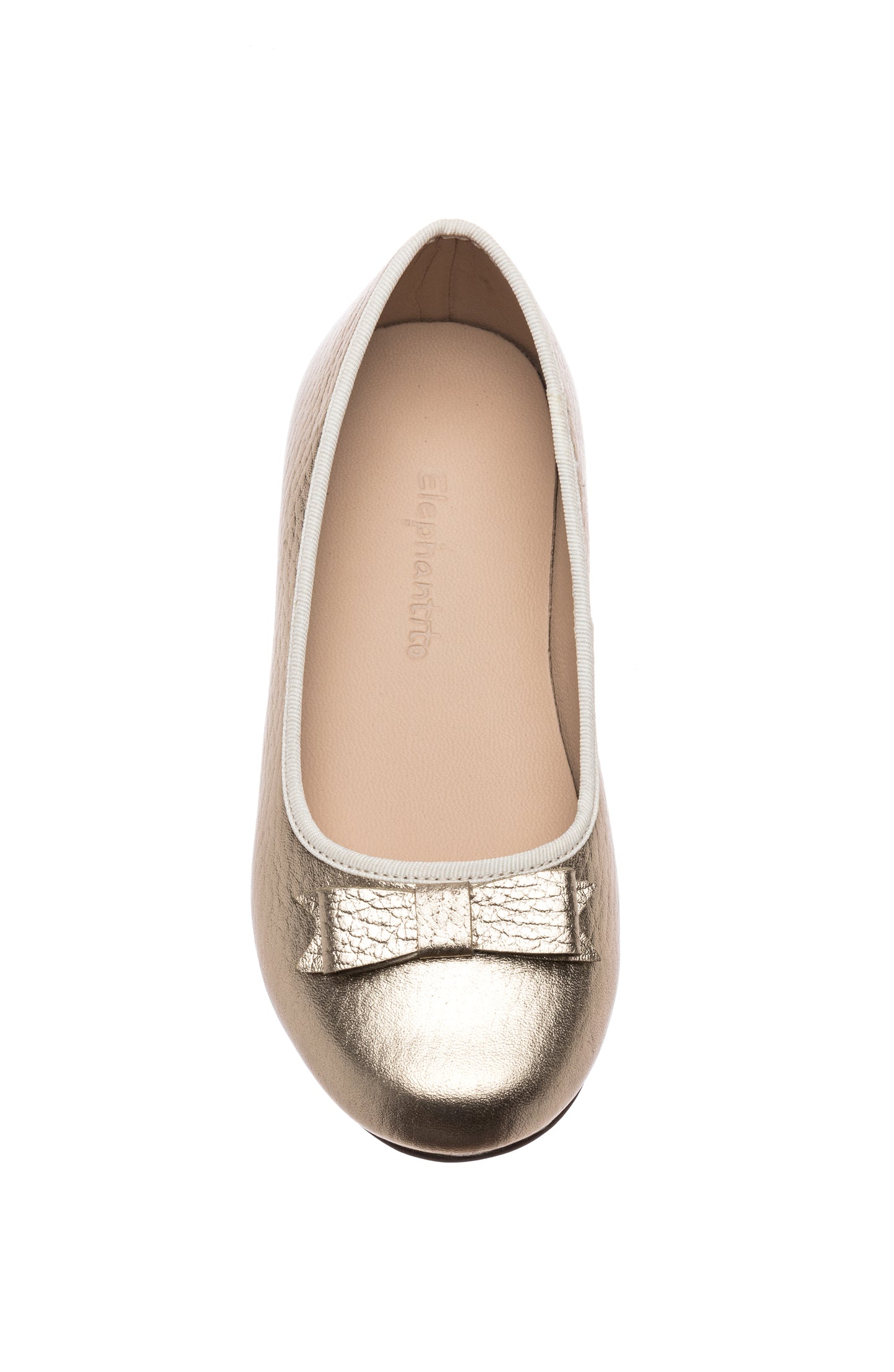Gold toddler ballerina flat with textured bow and white trim.