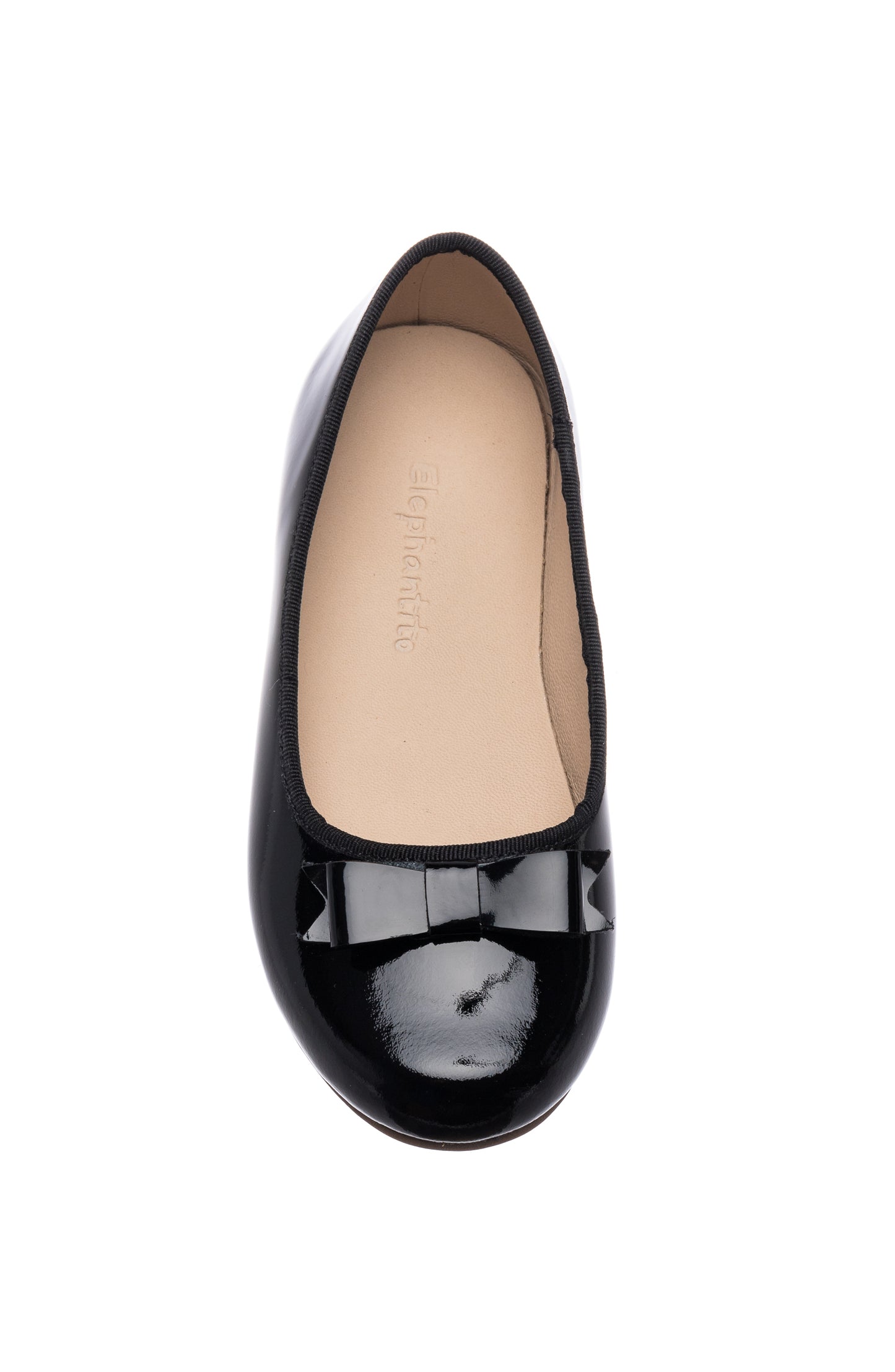 Black patent leather ballet flat for girls with rounded toe and smooth finish.