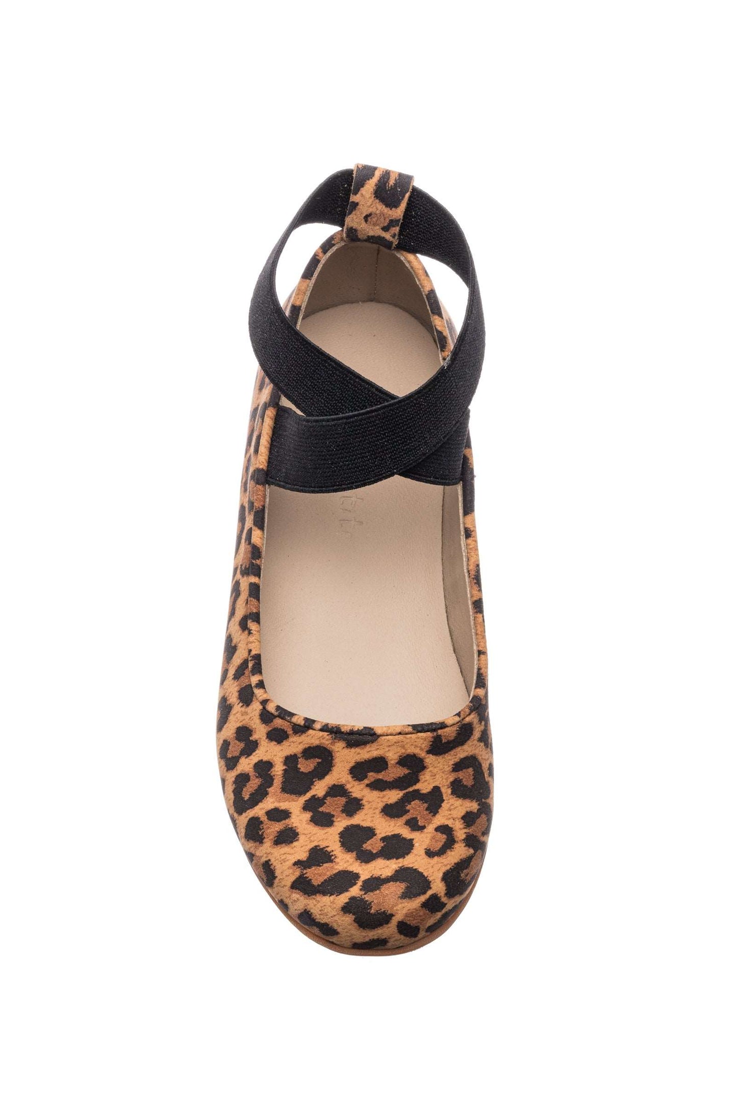 Leopard print ballerina flat with black elastic ankle strap and rounded toe.