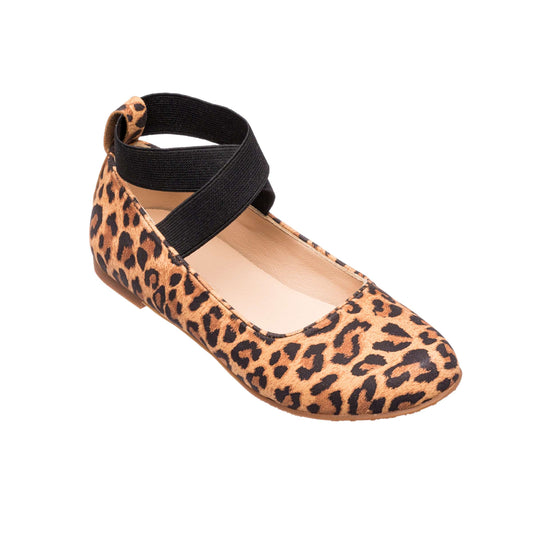Kids' leopard print ballerina flat with black elastic cross strap and rounded toe.