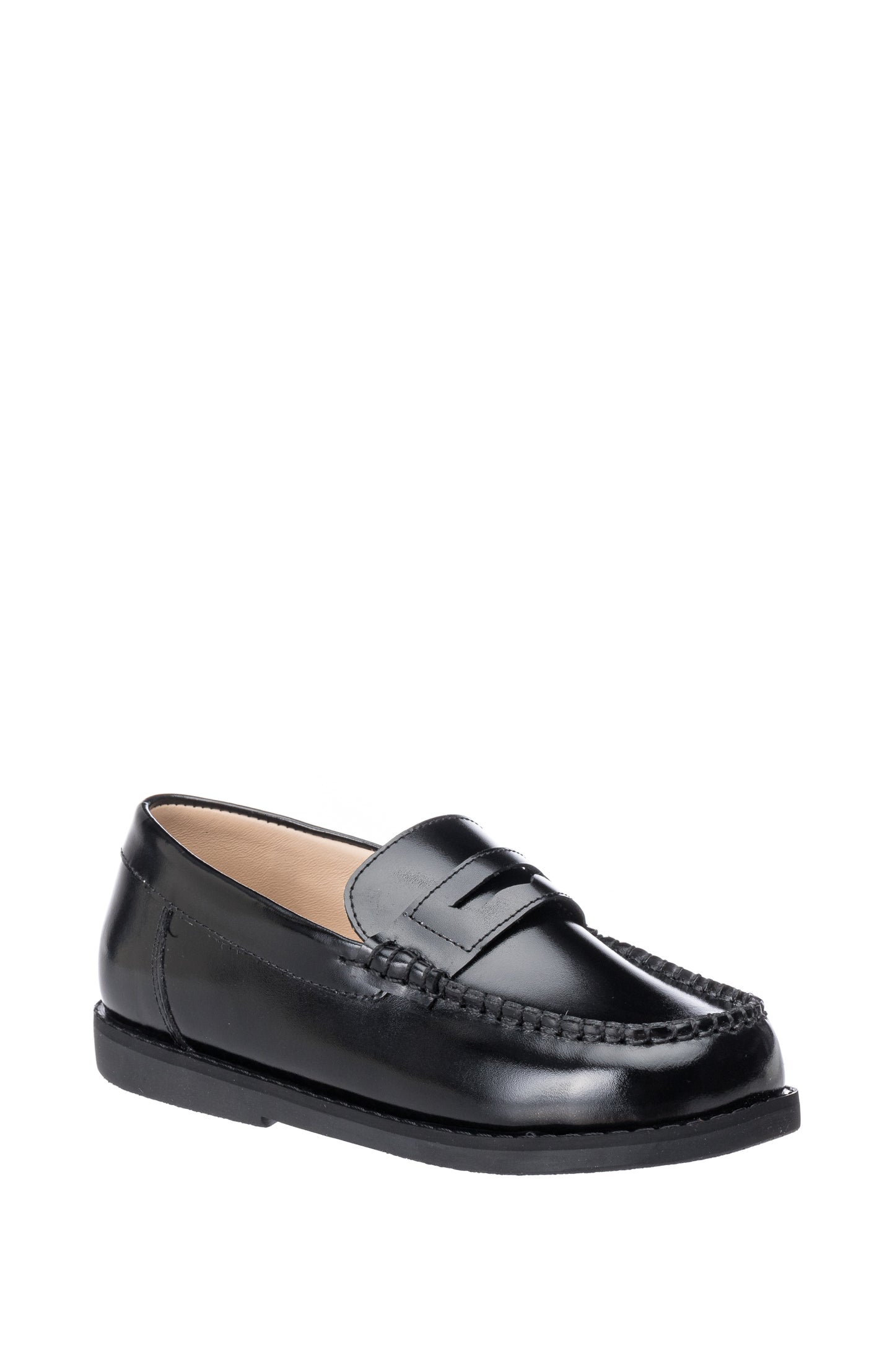 Black leather boys moccasin loafer with penny strap and stitched detailing.