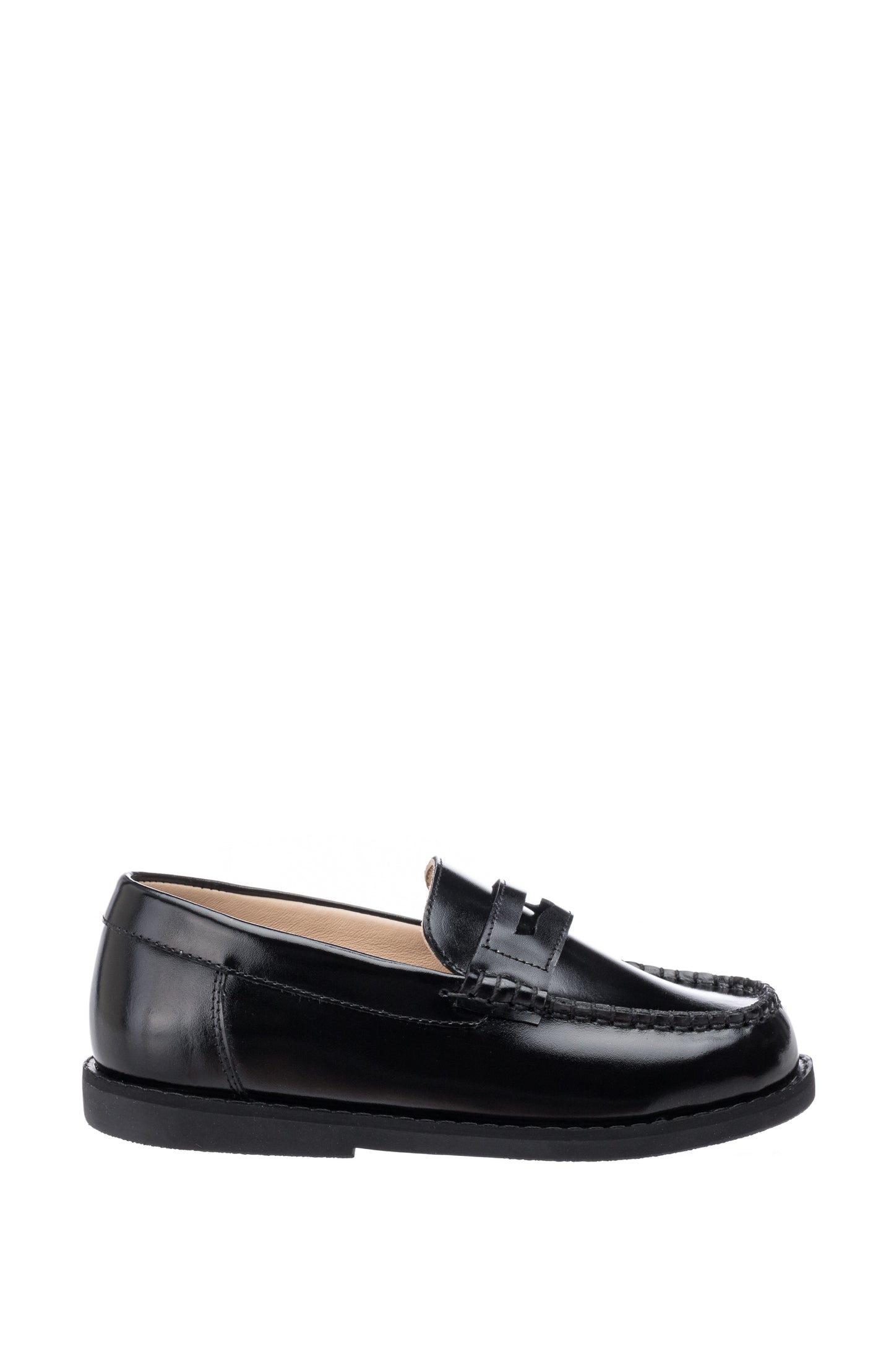 Black leather boys' moccasin with tassel detail and stitched vamp on black sole.