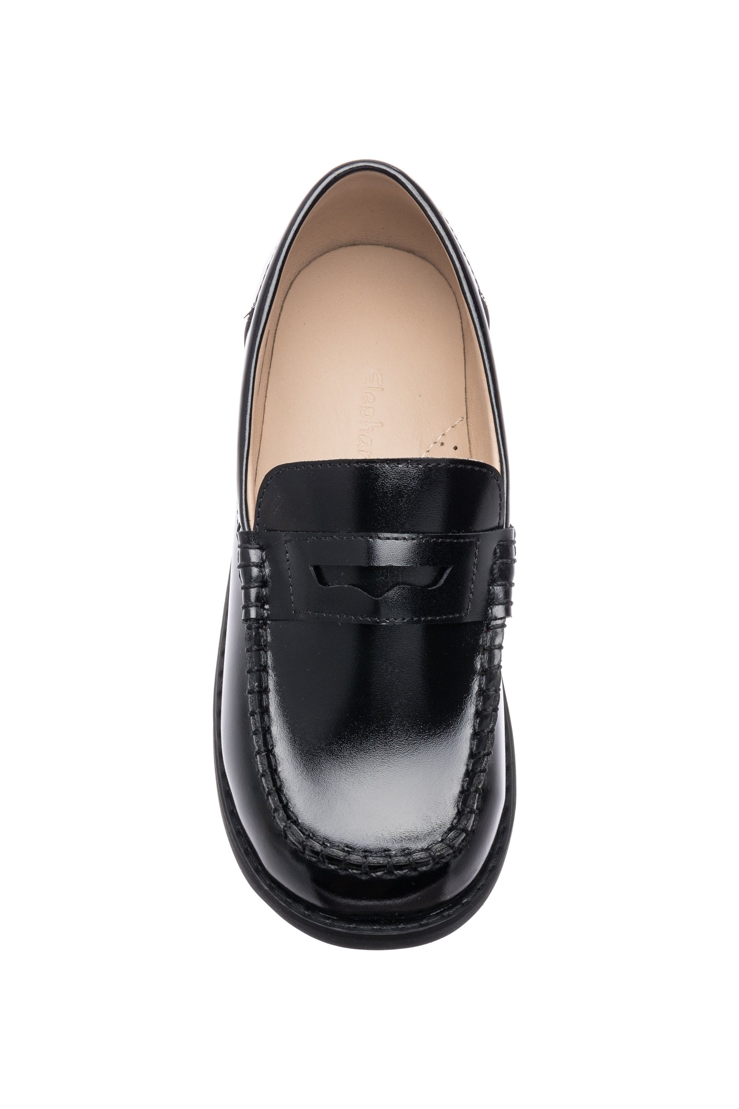 Black glossy leather moccasin for boys with penny loafer detail and rounded toe.