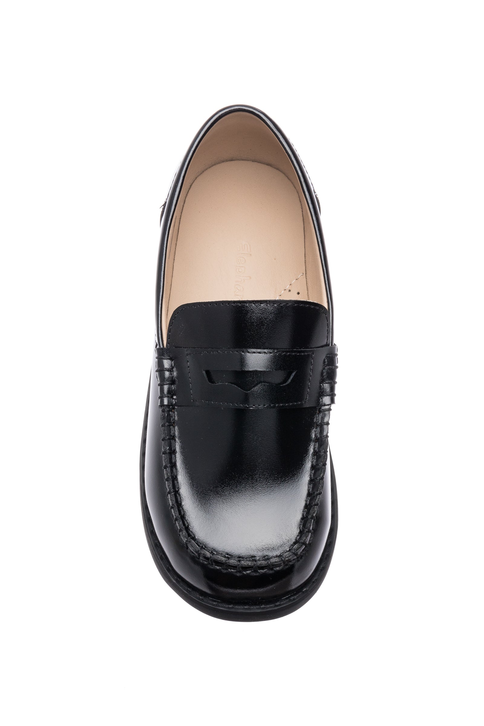 Black glossy leather moccasin for boys with penny loafer detail and rounded toe.
