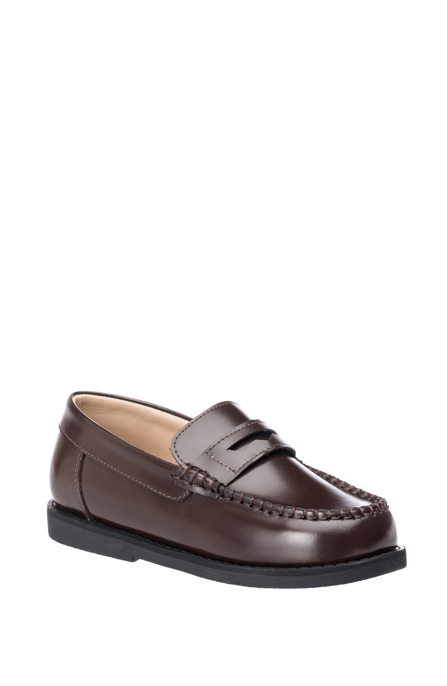 Brown leather boys' moccasin loafer with stitched toe and black sole.