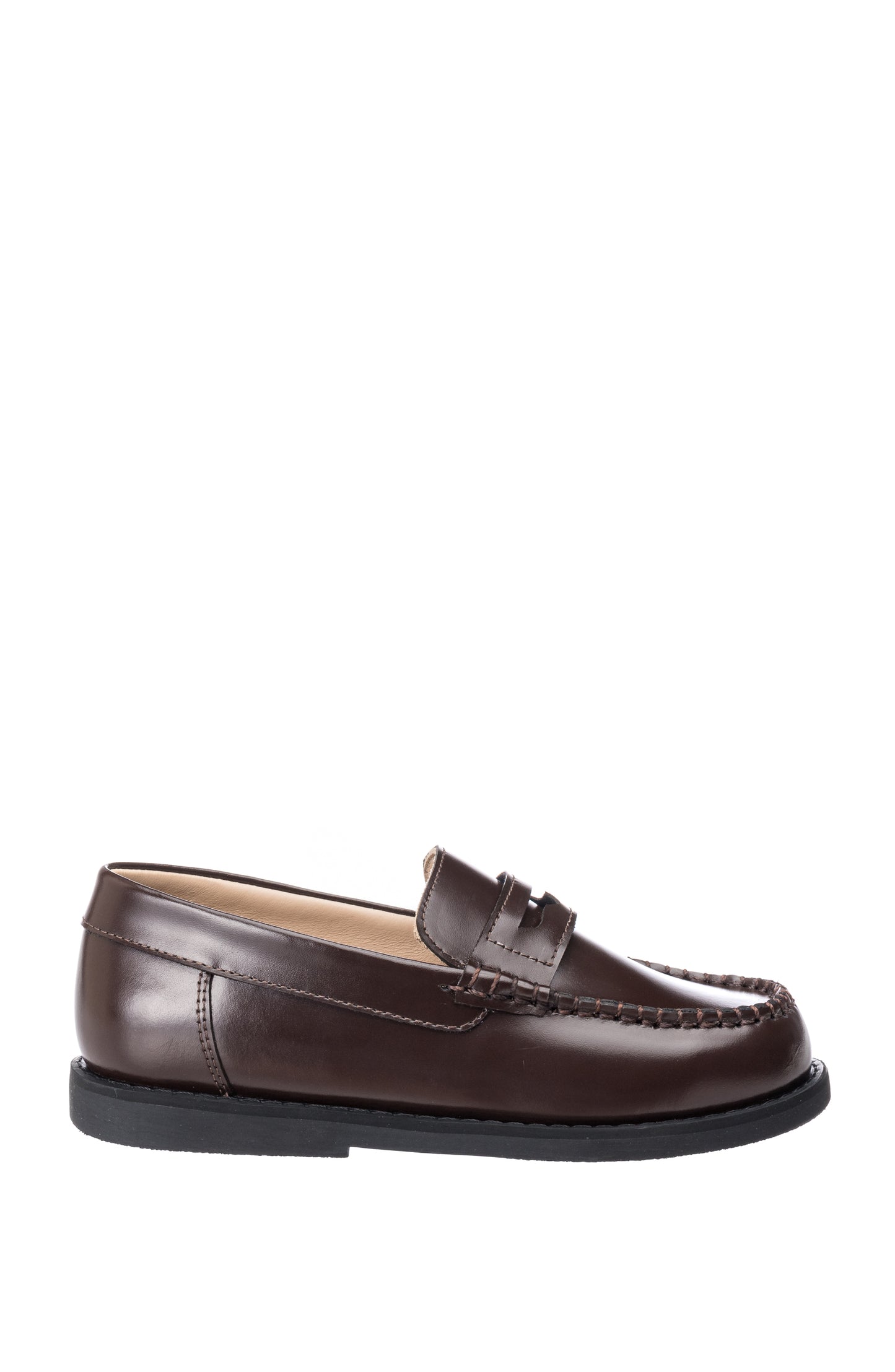 Brown leather boys' moccasin with penny strap and black sole, classic school shoe style.