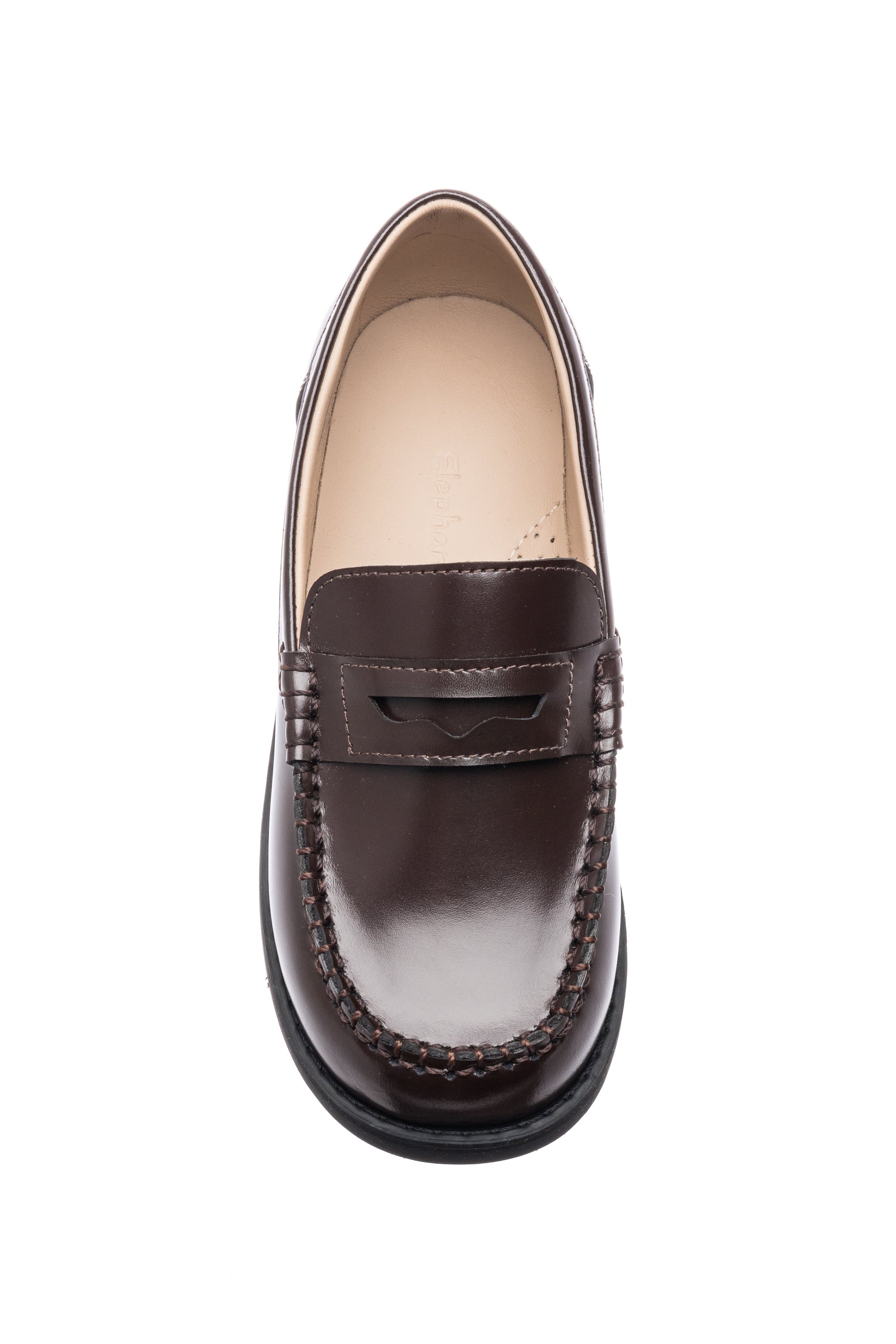 Brown leather boys' moccasin with penny strap and stitched detailing.