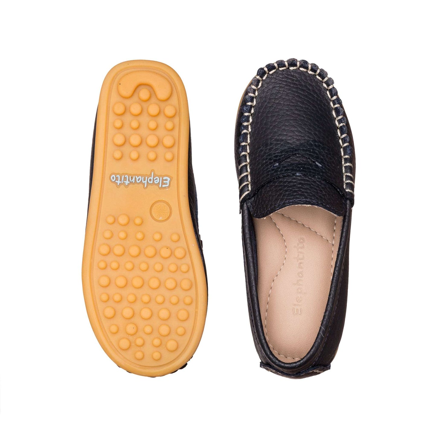 Navy blue leather boys moccasins with cream hand-stitched detailing and tan rubber sole with grip dots.