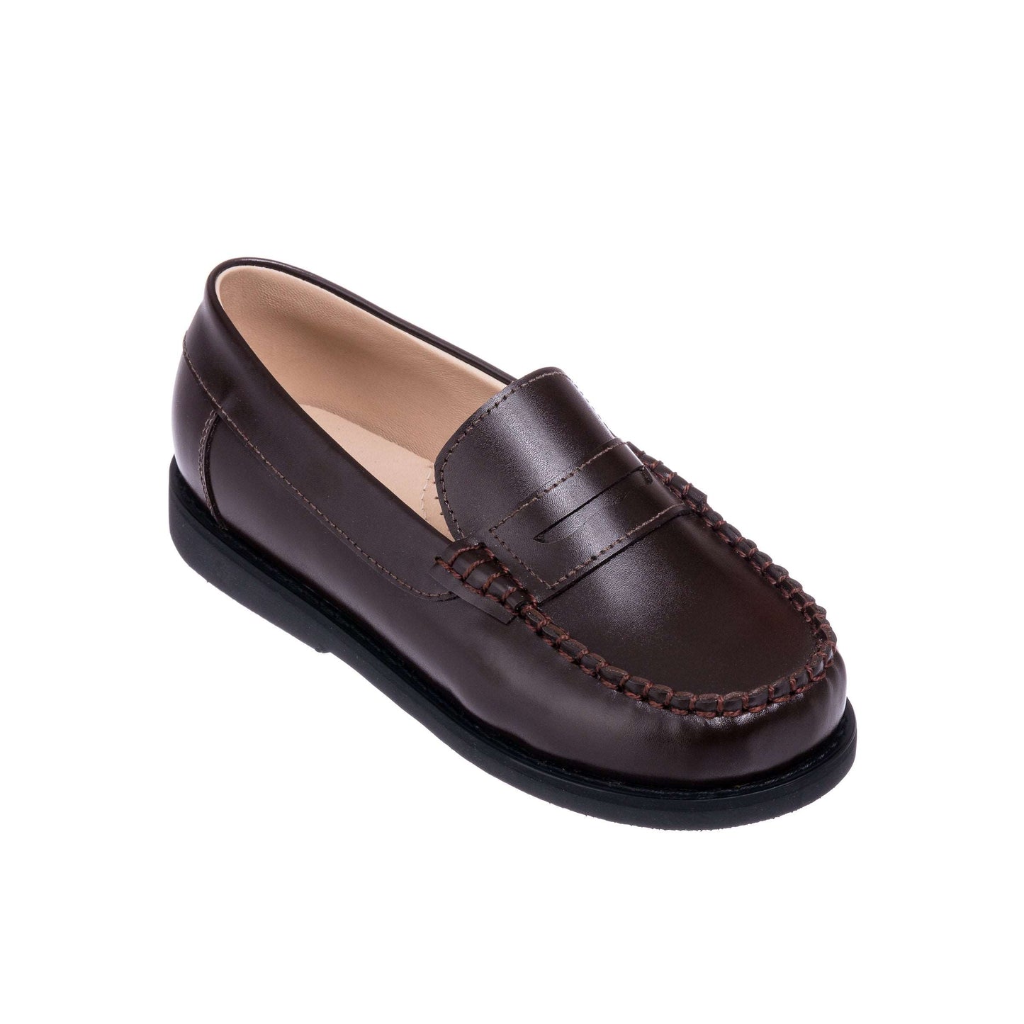 Brown leather boys' moccasin loafer with stitched detailing and black sole.