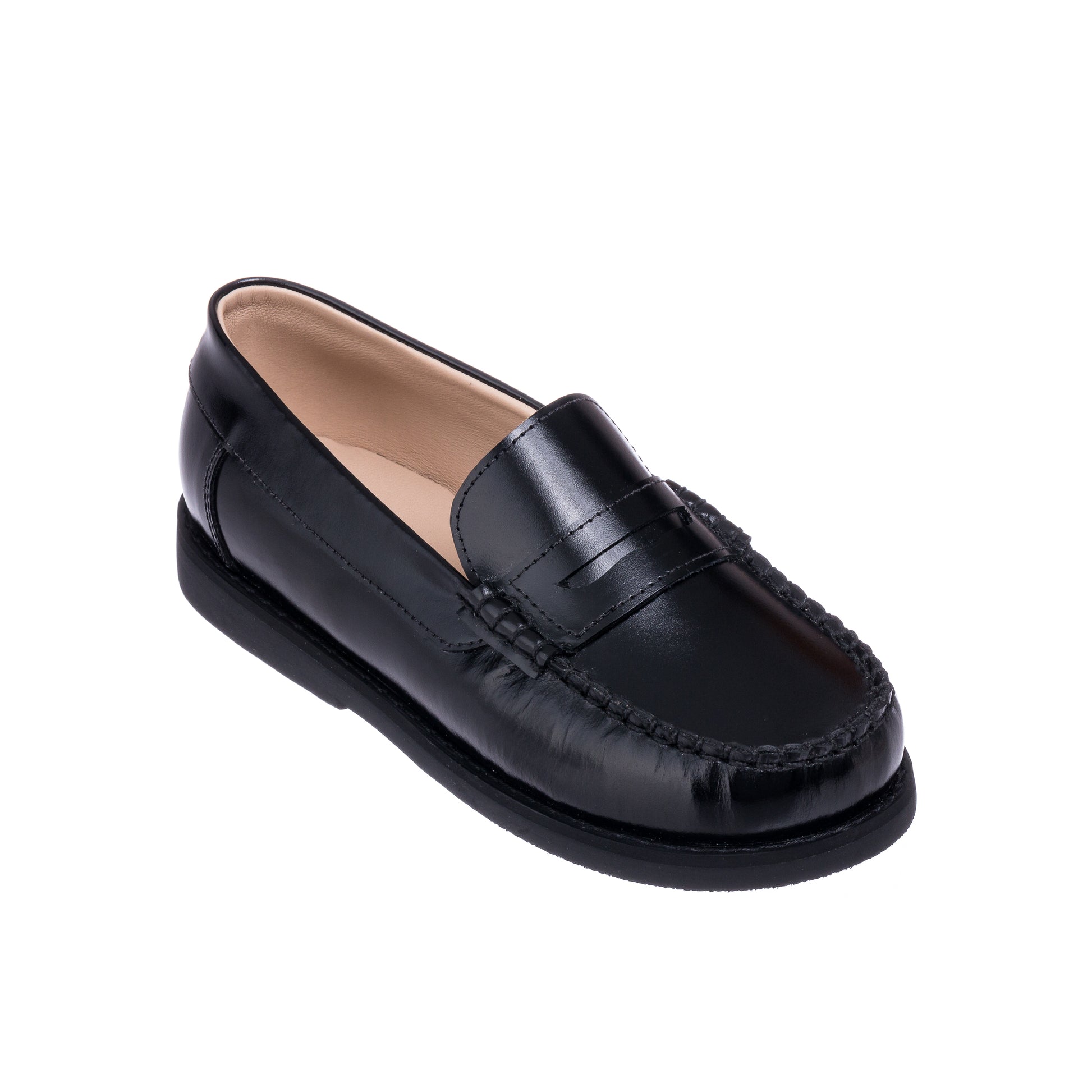 Black leather boys' moccasin with stitched detailing and a classic penny loafer strap.