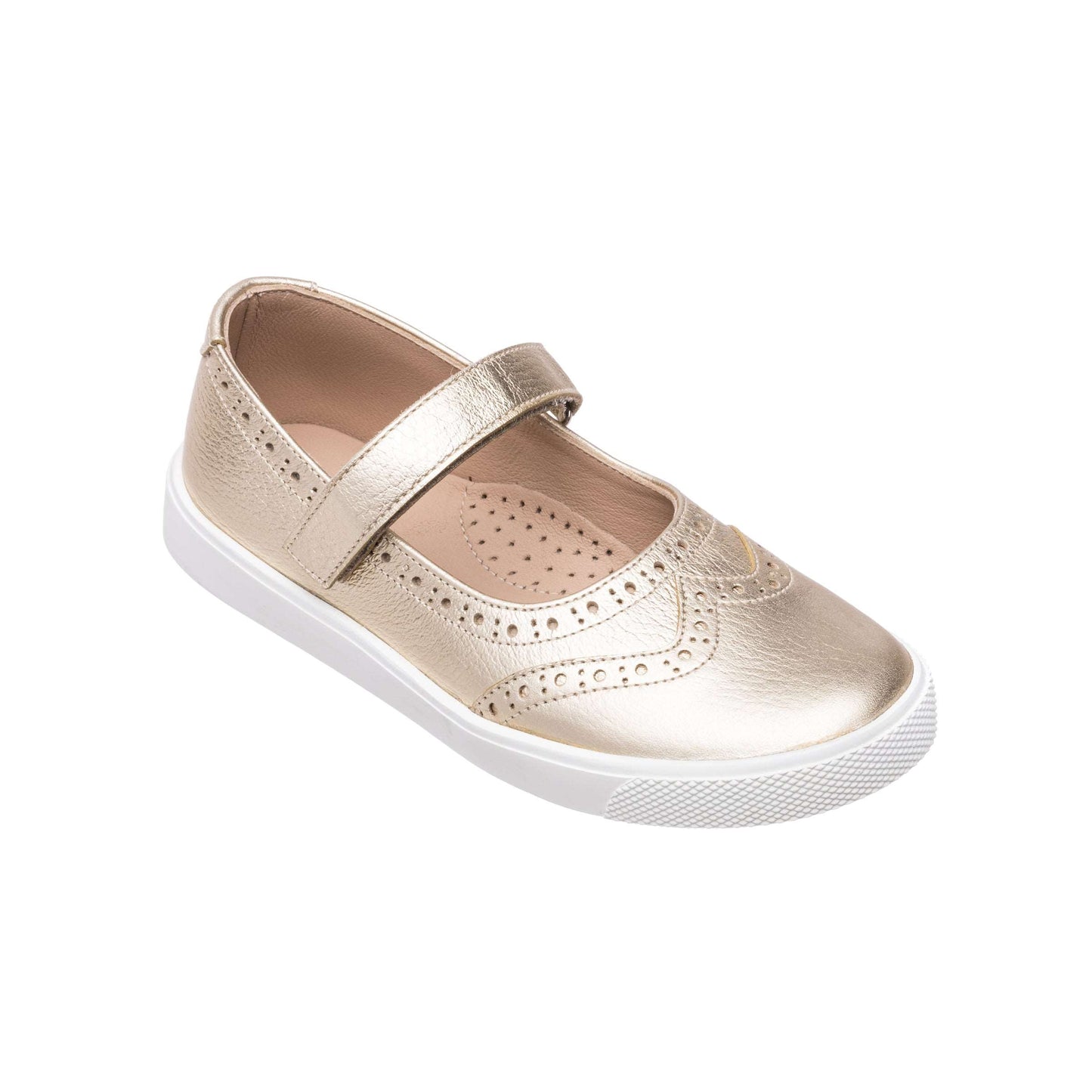 Gold metallic Mary Jane sneaker for girls with perforated detailing and white rubber sole.